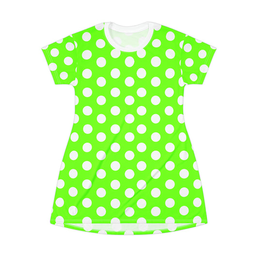 Snooty Fox Art T-Shirt Dress (AOP) - Green with White Polka Dots