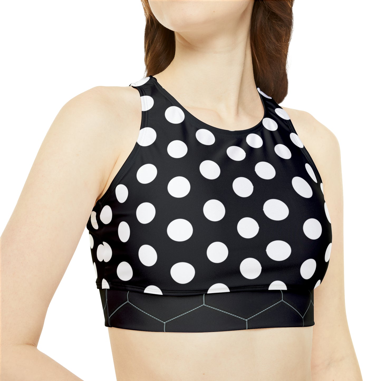 Snooty Fox Art High Neck Crop Bikini Top (AOP) - Black White Polka Dots