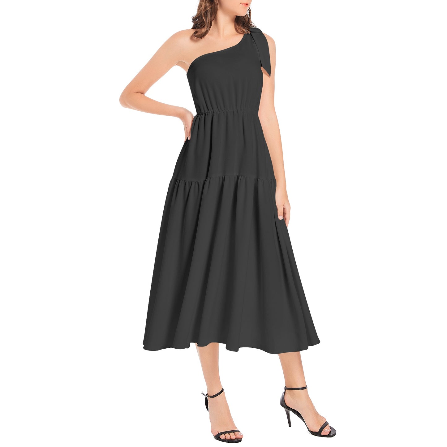 Snooty Fox Art Ruffle Hem One Shoulder Midi Dress - Classic Black