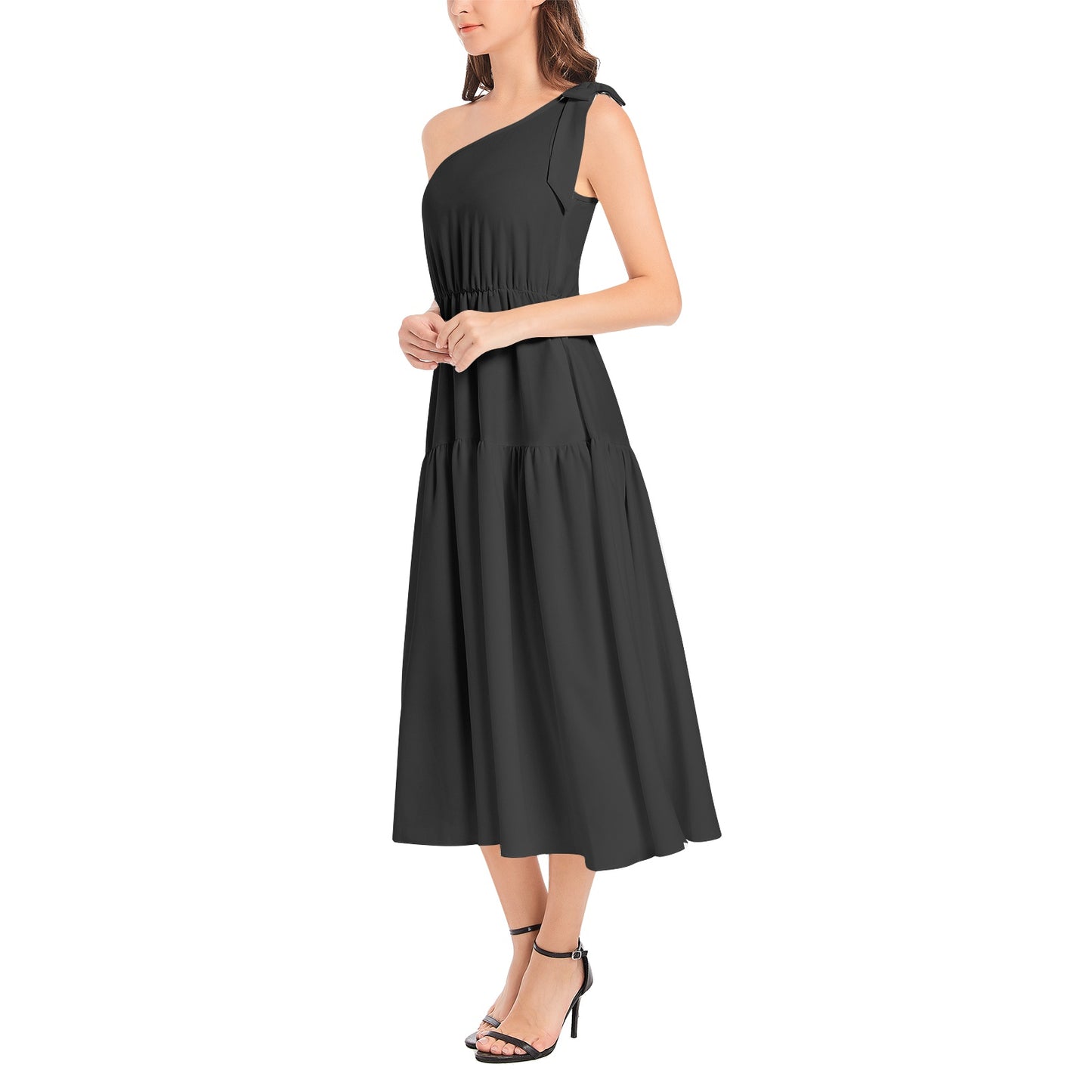 Snooty Fox Art Ruffle Hem One Shoulder Midi Dress - Classic Black