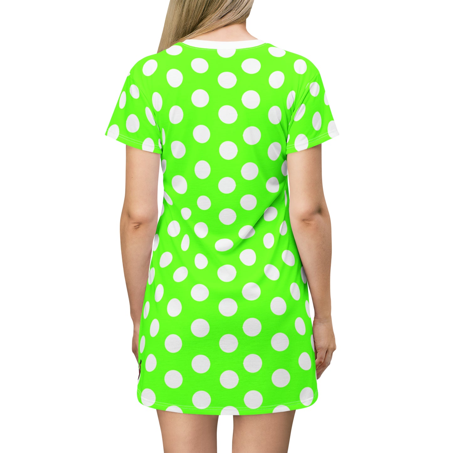 Snooty Fox Art T-Shirt Dress (AOP) - Green with White Polka Dots