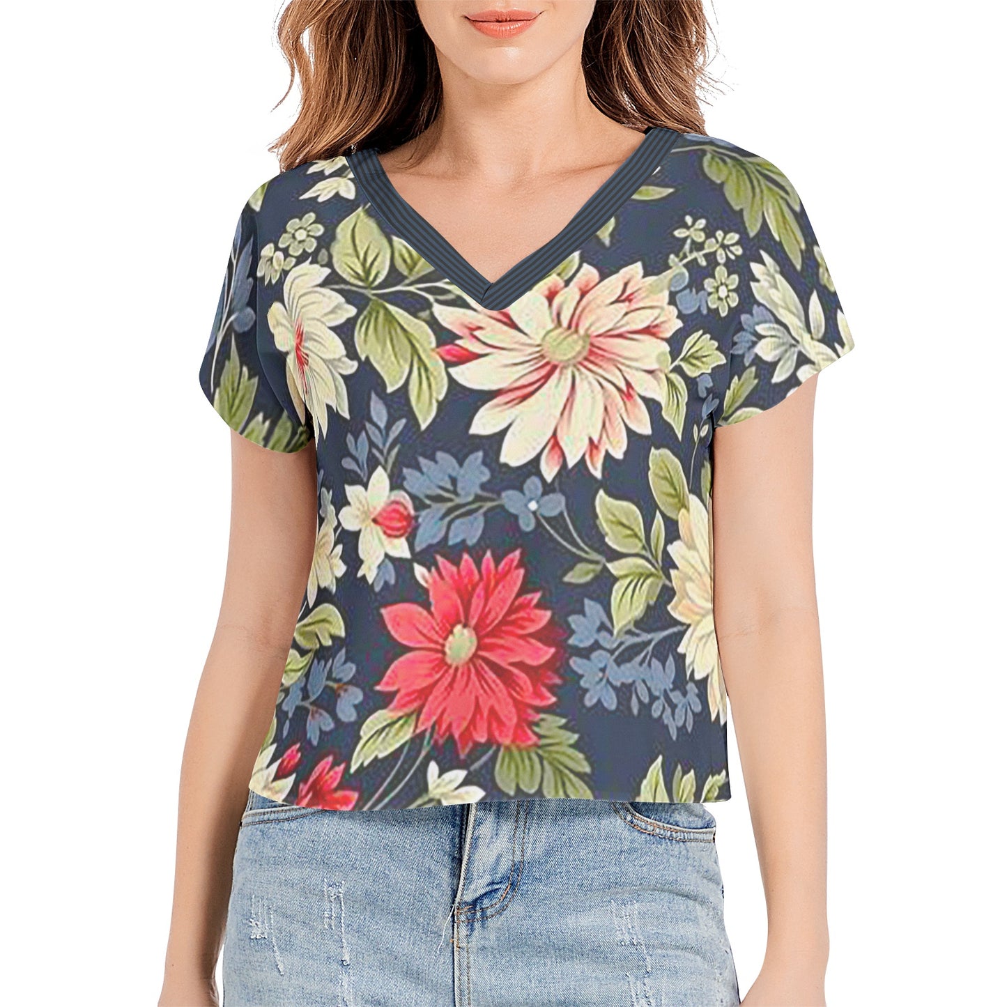 Snooty Fox Art Batwing Sleeve V-Neck Top - Floral