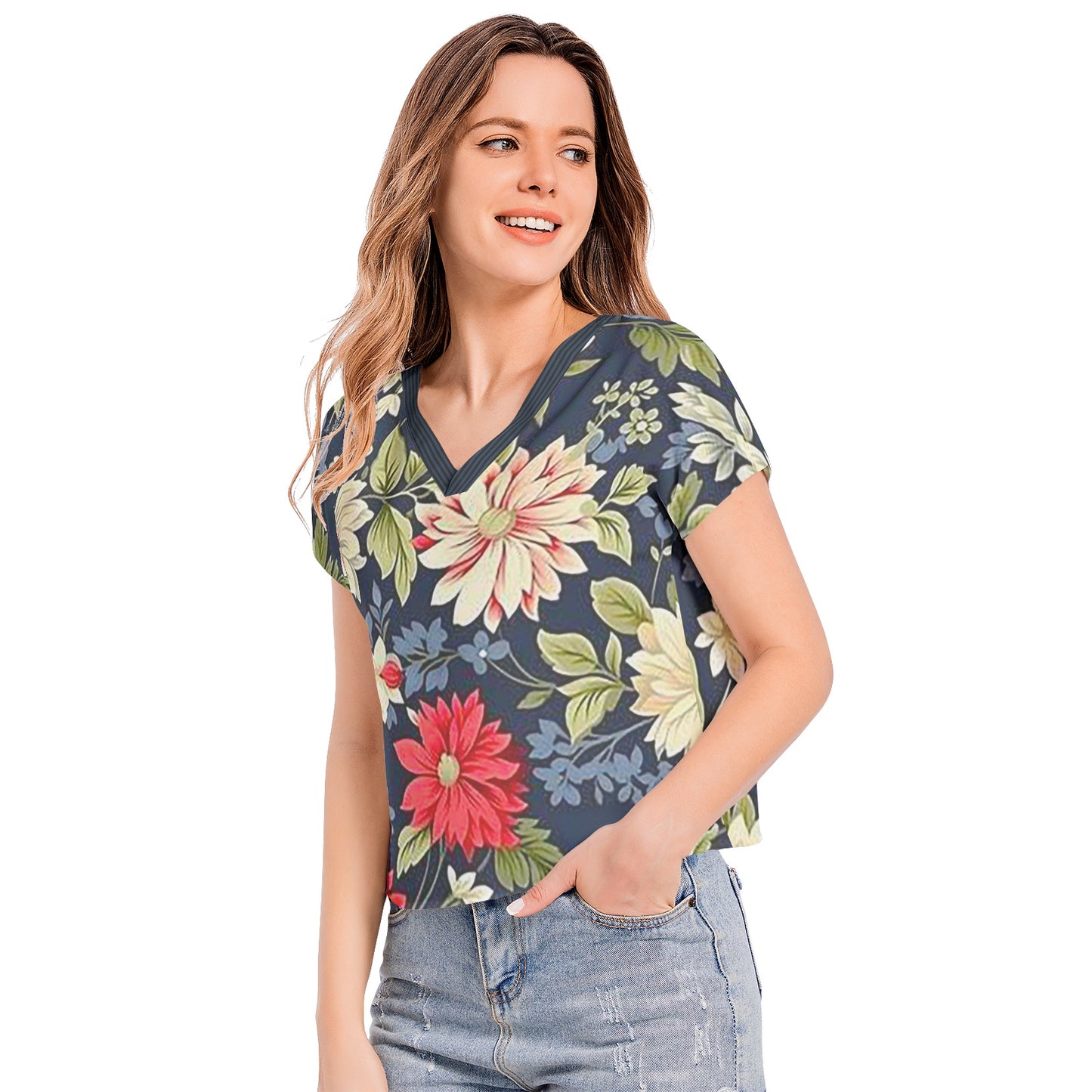 Snooty Fox Art Batwing Sleeve V-Neck Top - Floral