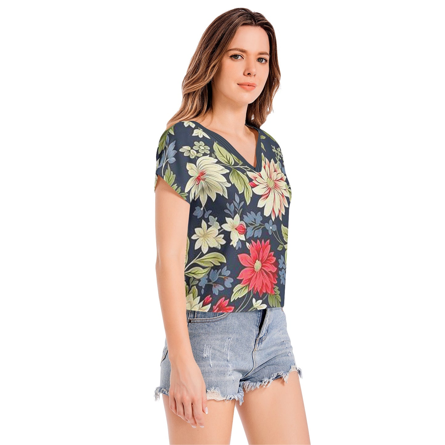 Snooty Fox Art Batwing Sleeve V-Neck Top - Floral