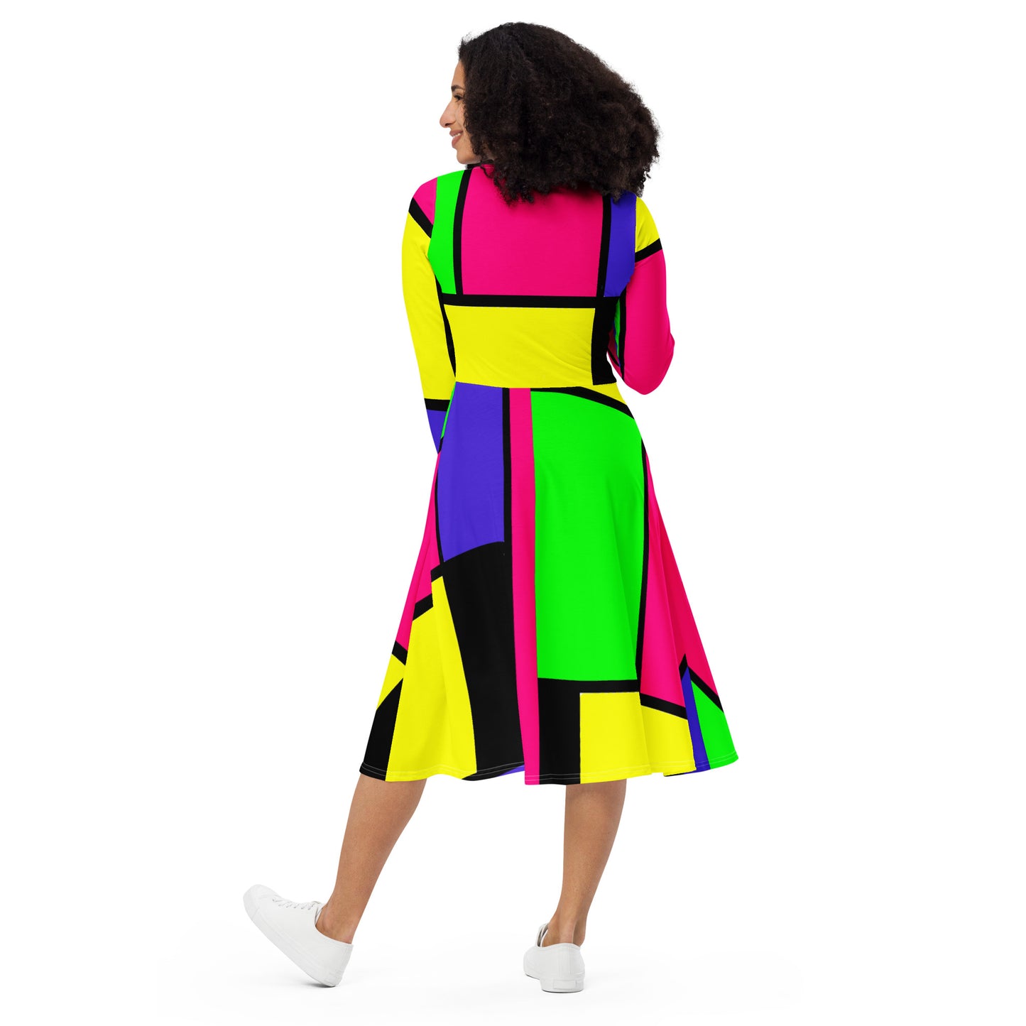 Snooty Fox Art Long Sleeve Midi Dress - Mondrain Style