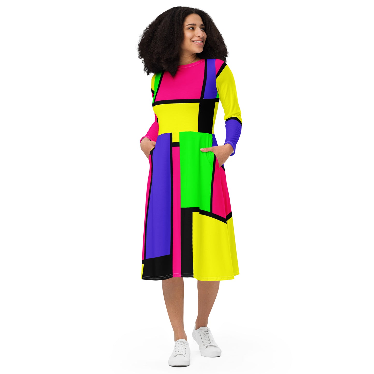 Snooty Fox Art Long Sleeve Midi Dress - Mondrain Style