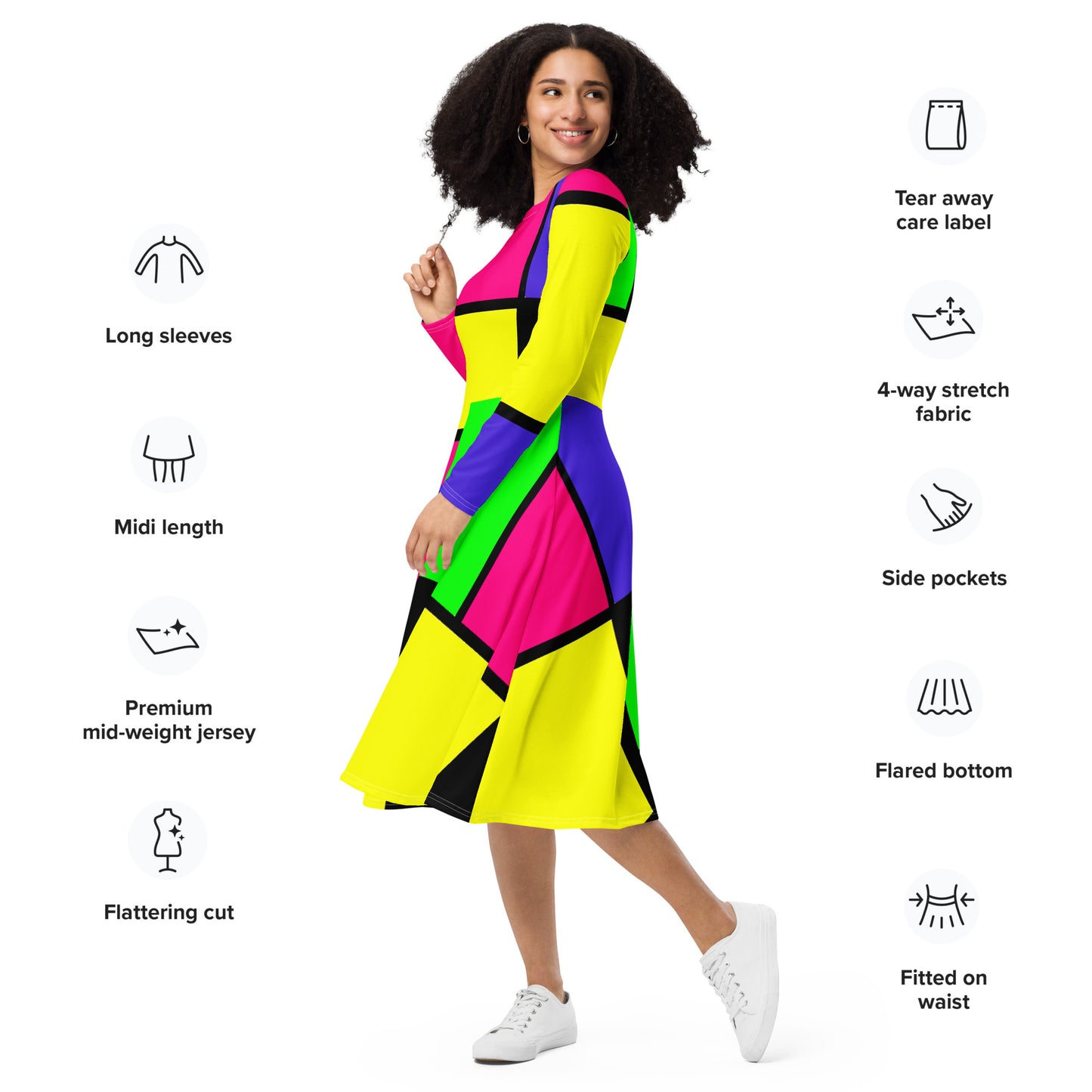 Snooty Fox Art Long Sleeve Midi Dress - Mondrain Style
