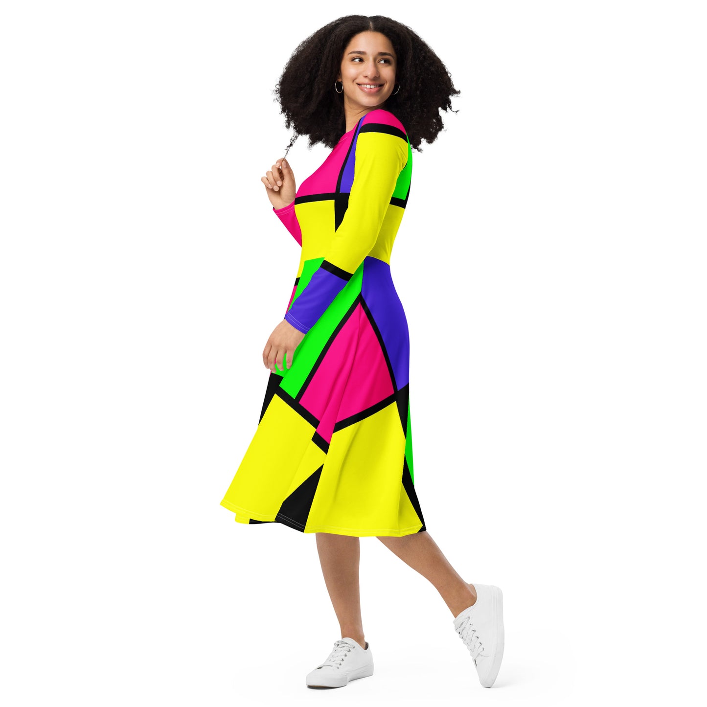 Snooty Fox Art Long Sleeve Midi Dress - Mondrain Style