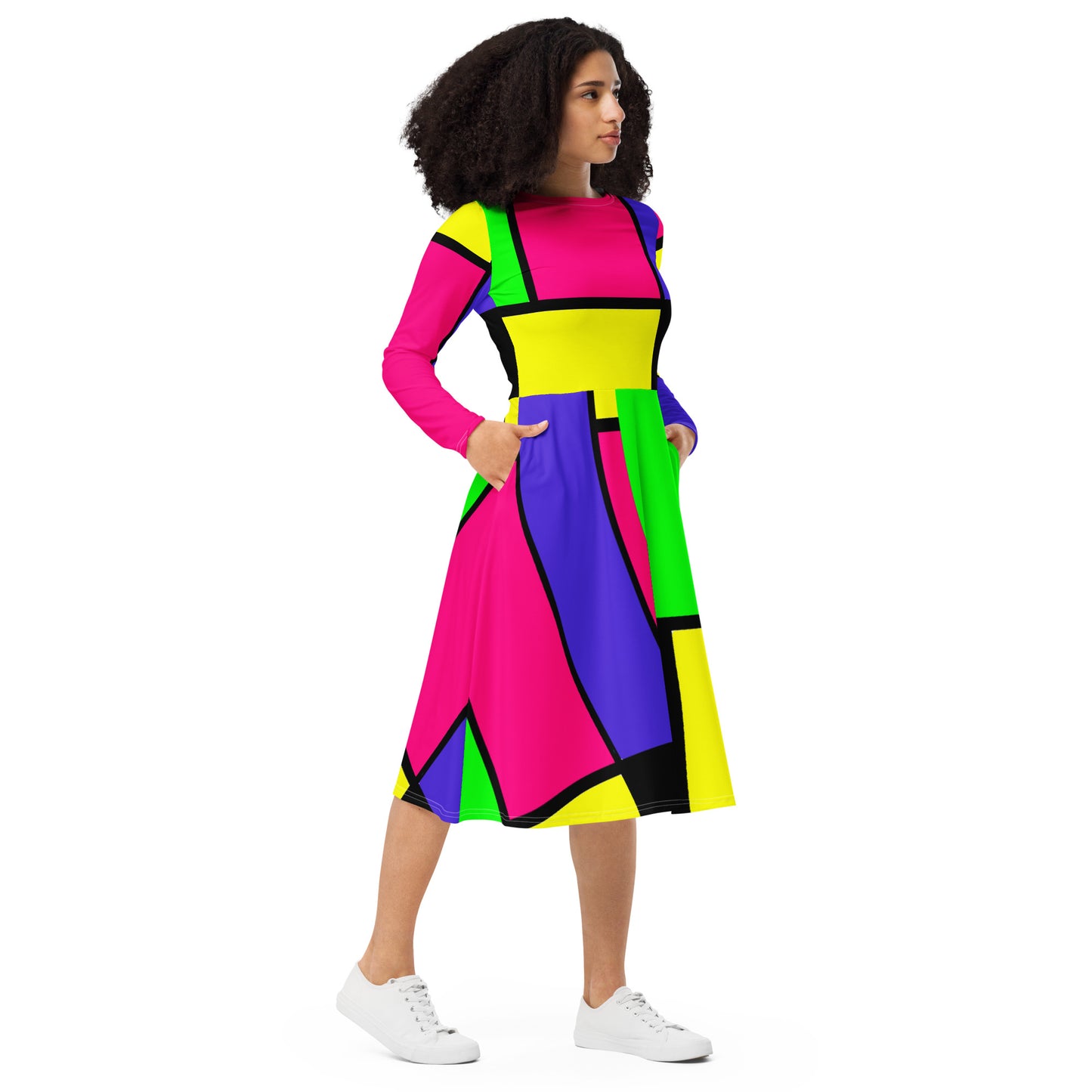 Snooty Fox Art Long Sleeve Midi Dress - Mondrain Style