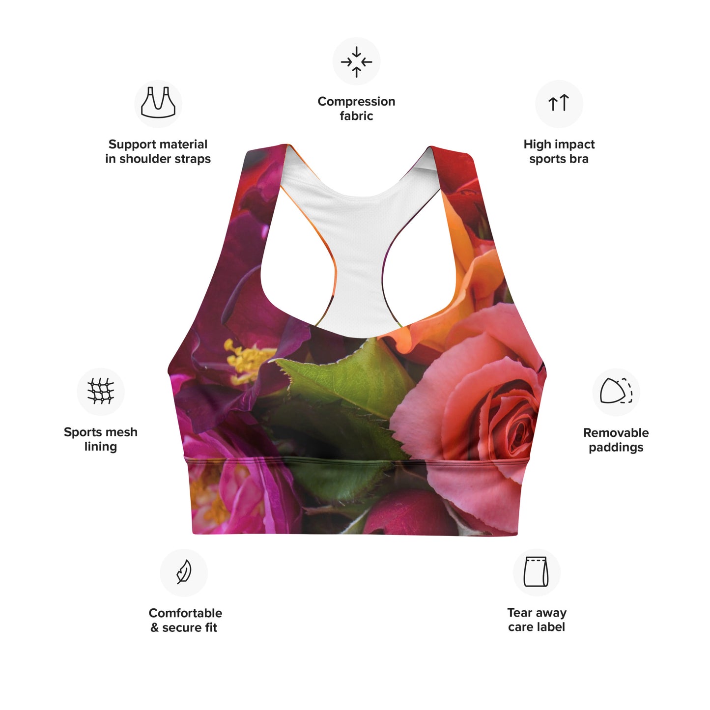Snooty Fox Art Longline Sports Bra - Mixed Roses