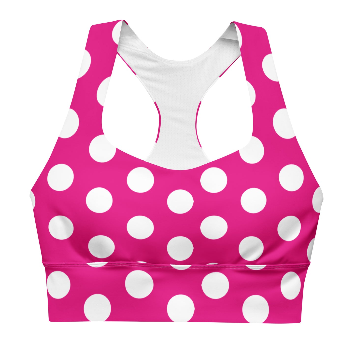 Snooty Fox Art Longline Sports Bra - Summertime Pink with White Polka Dots