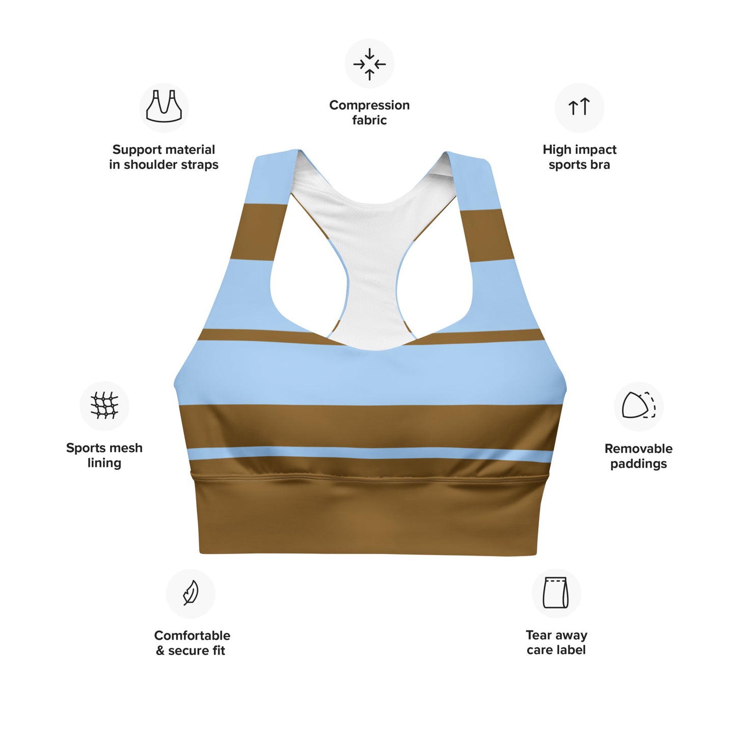Snooty Fox Art Longline Sports Bra - Brown & Baby Blue Stripes