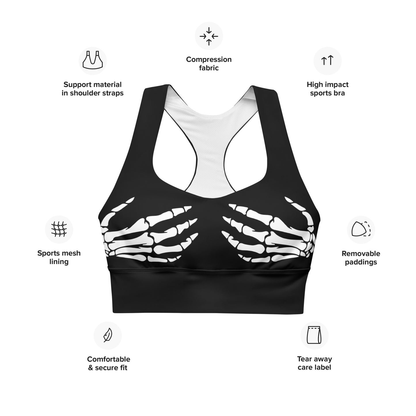 Snooty Fox Art Longline Sports Bra - Skeleton Hands