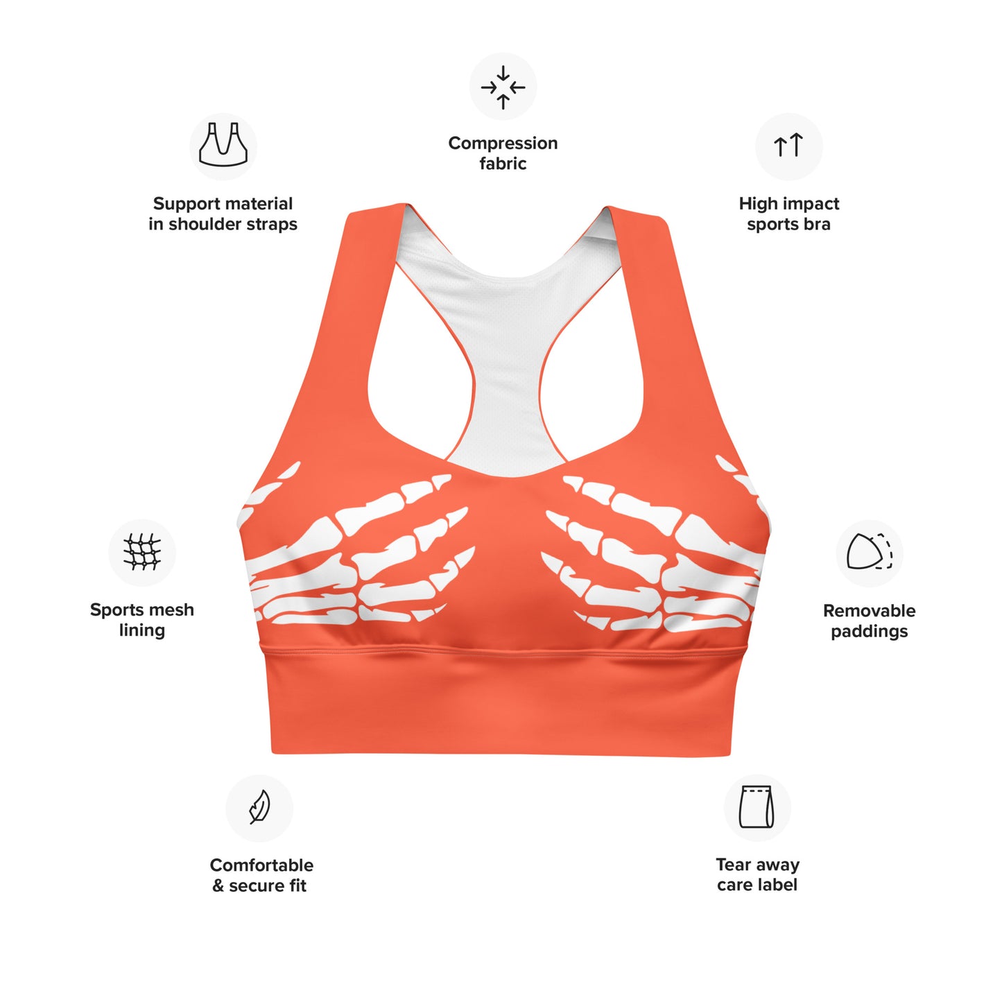 Snooty Fox Art Longline Sports Bra - White Skeleton Hands