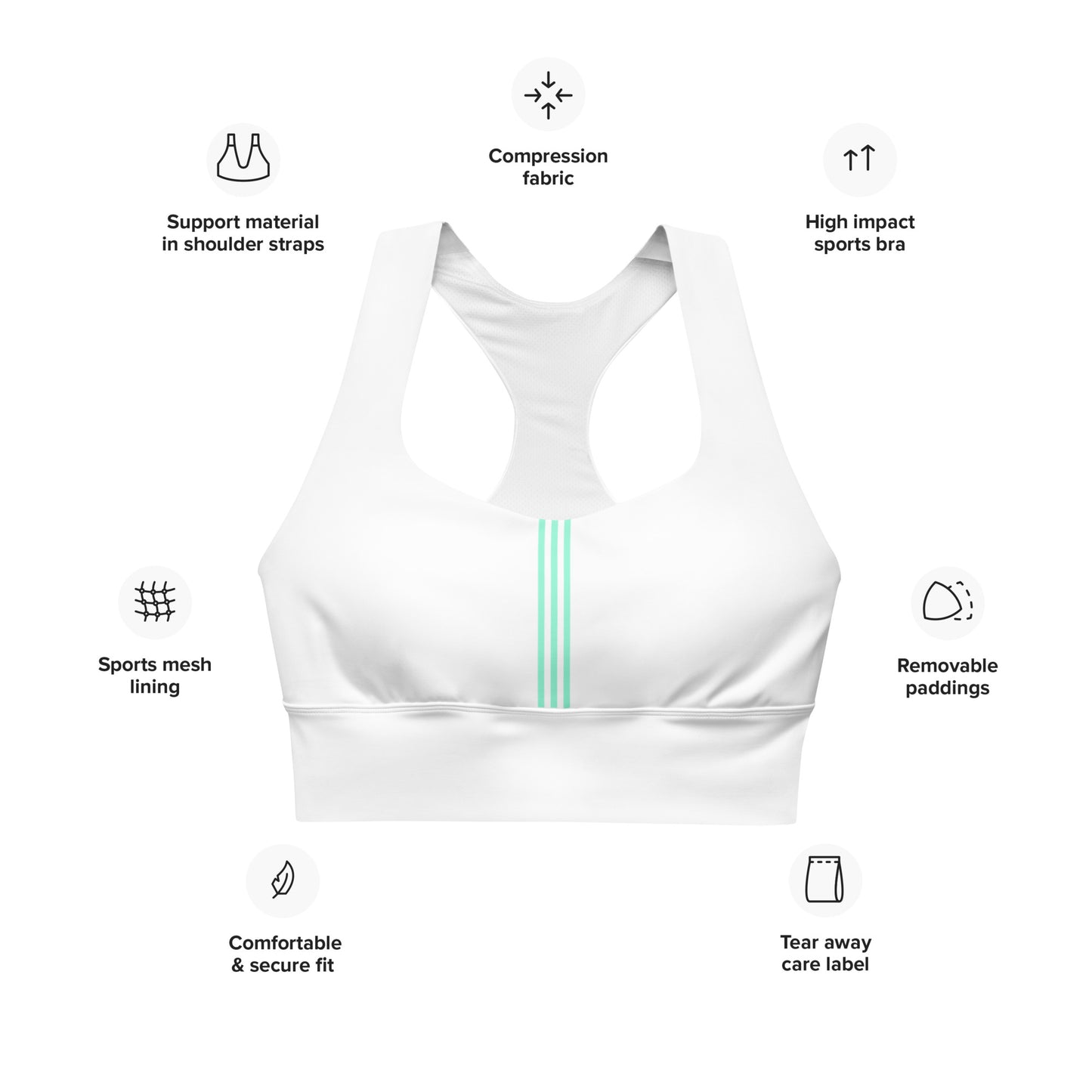 Snooty Fox Art Longline Sports Bra - Green Teal Stripes