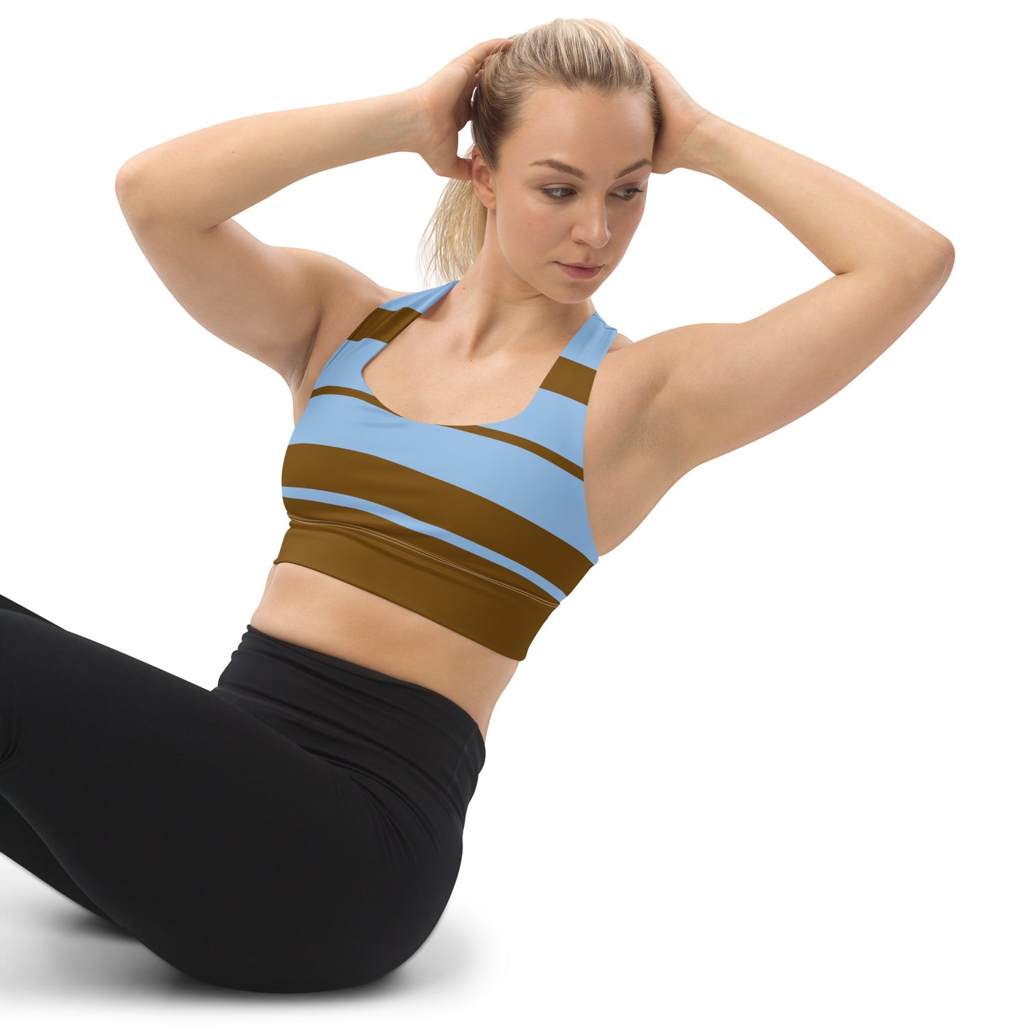 Snooty Fox Art Longline Sports Bra - Brown & Baby Blue Stripes