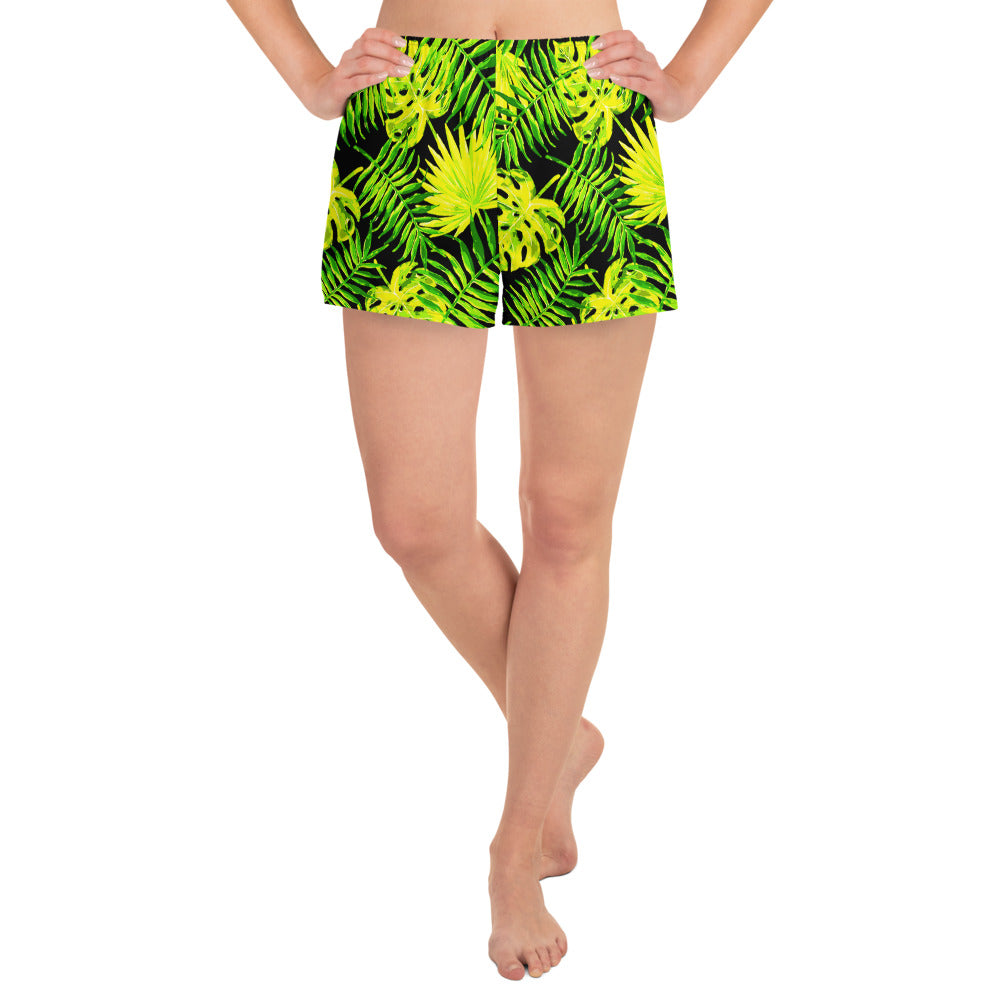 Snooty Fox Art Women’s Athletic Shorts - Lemon Yellow Palm Pattern