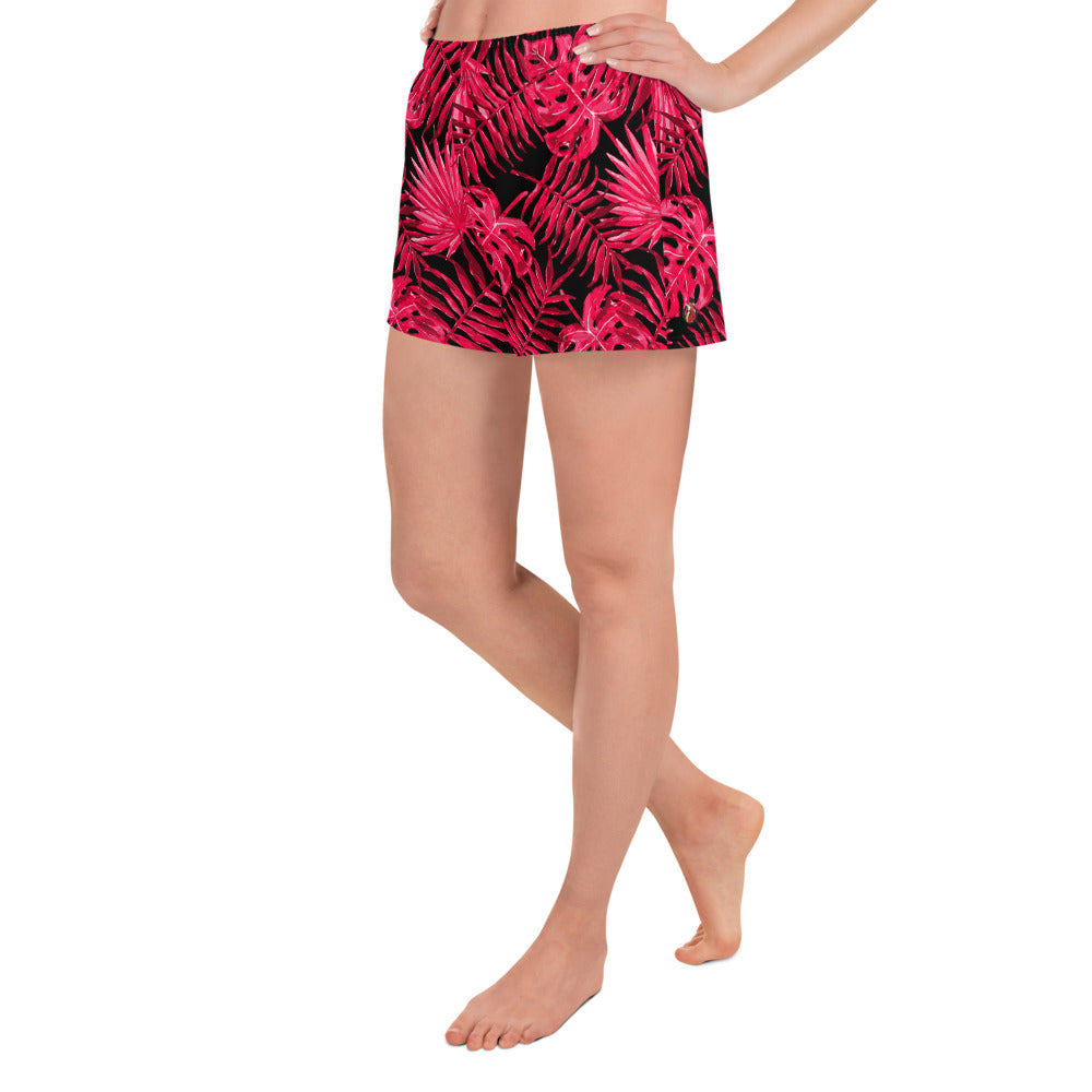 Snooty Fox Art Women’s Athletic Shorts - Ruby Red Palm Pattern