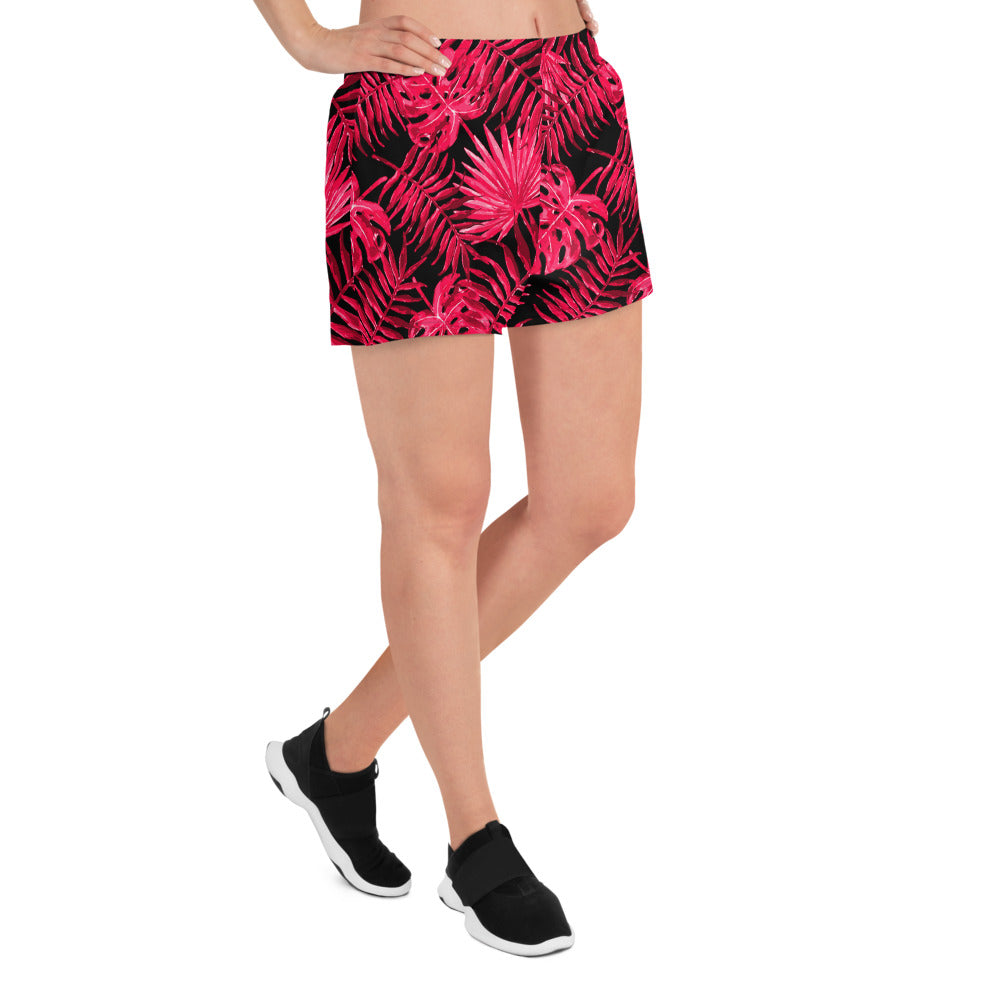 Snooty Fox Art Women’s Athletic Shorts - Ruby Red Palm Pattern