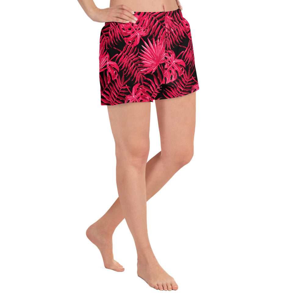 Snooty Fox Art Women’s Athletic Shorts - Ruby Red Palm Pattern