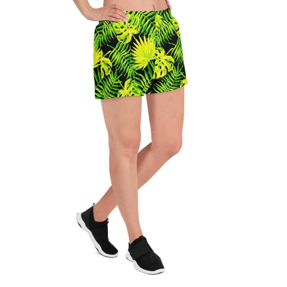 Snooty Fox Art Women’s Athletic Shorts - Lemon Yellow Palm Pattern