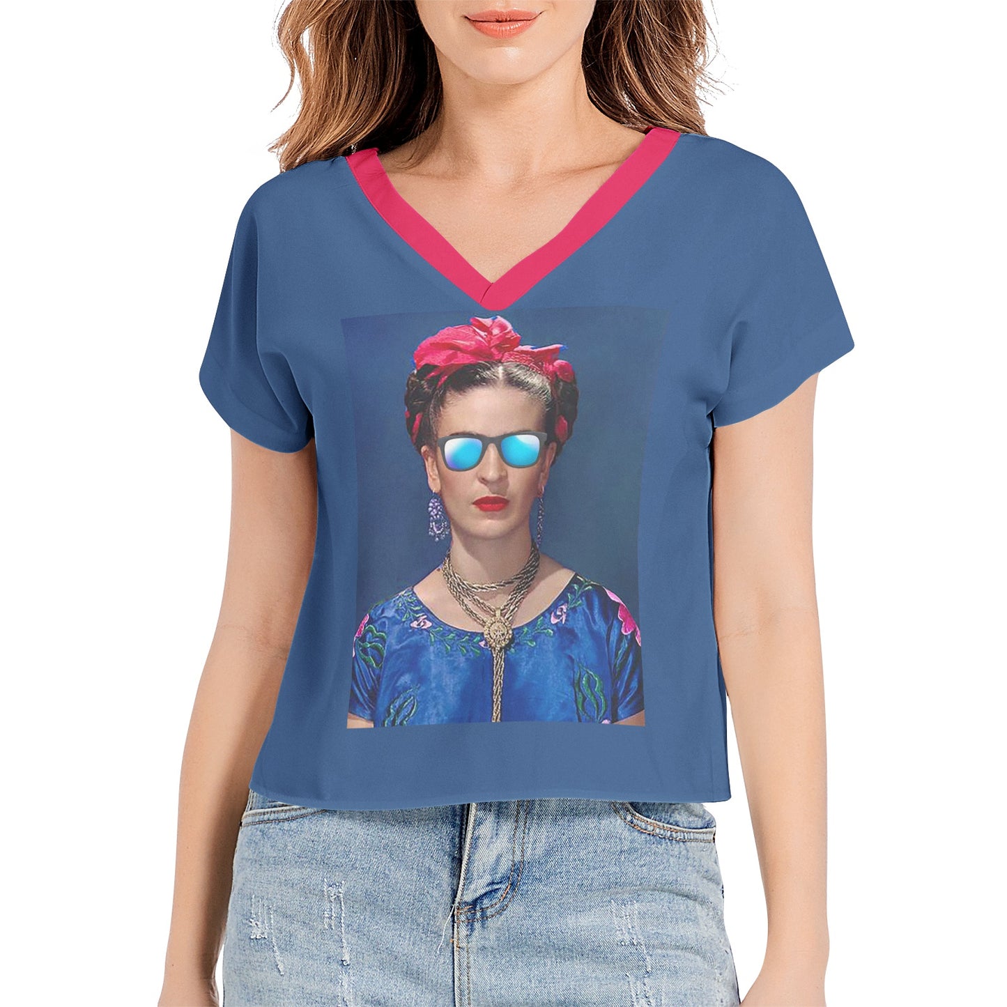 Snooty Fox Art Batwing Sleeve V-Neck Top - Blue Frida