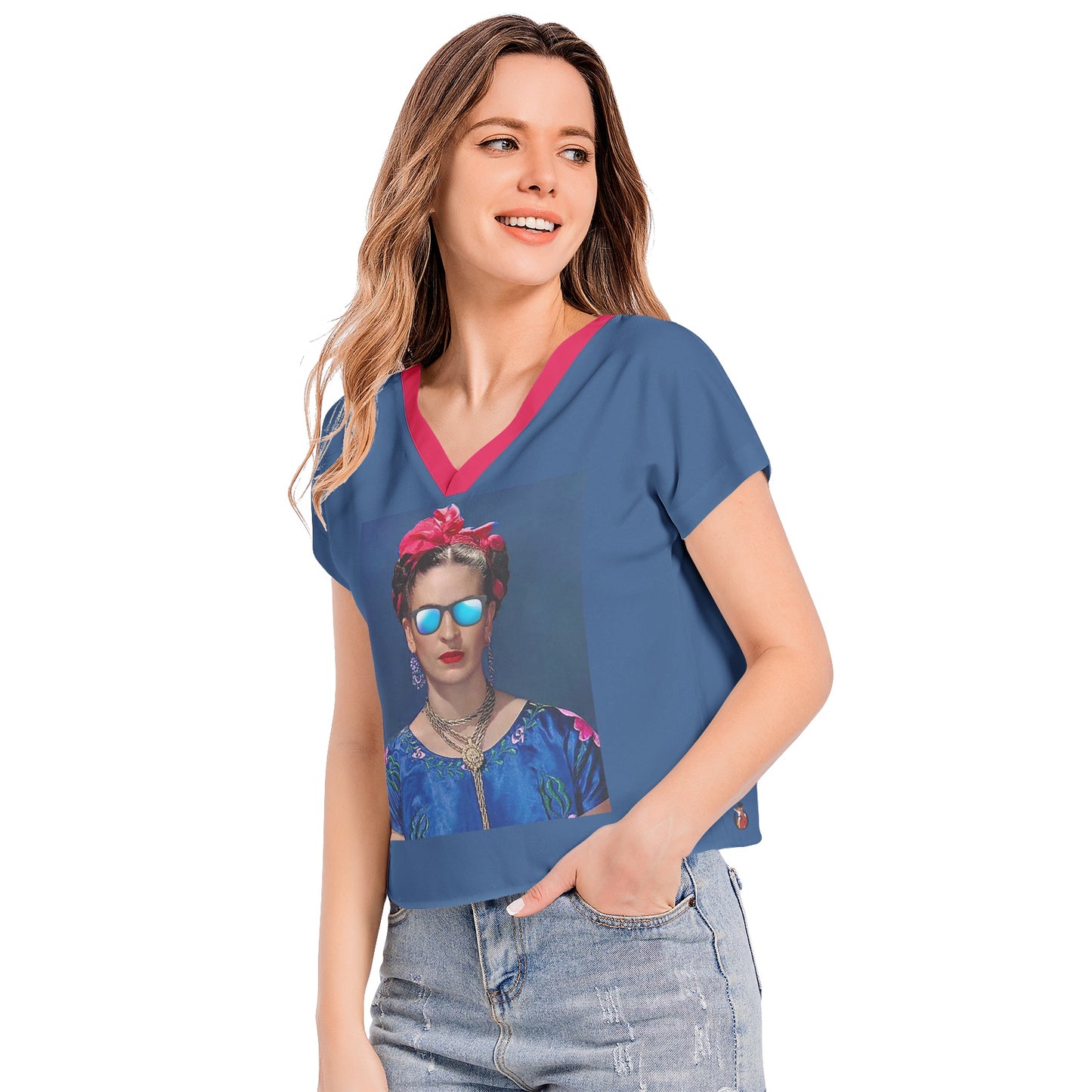 Snooty Fox Art Batwing Sleeve V-Neck Top - Blue Frida