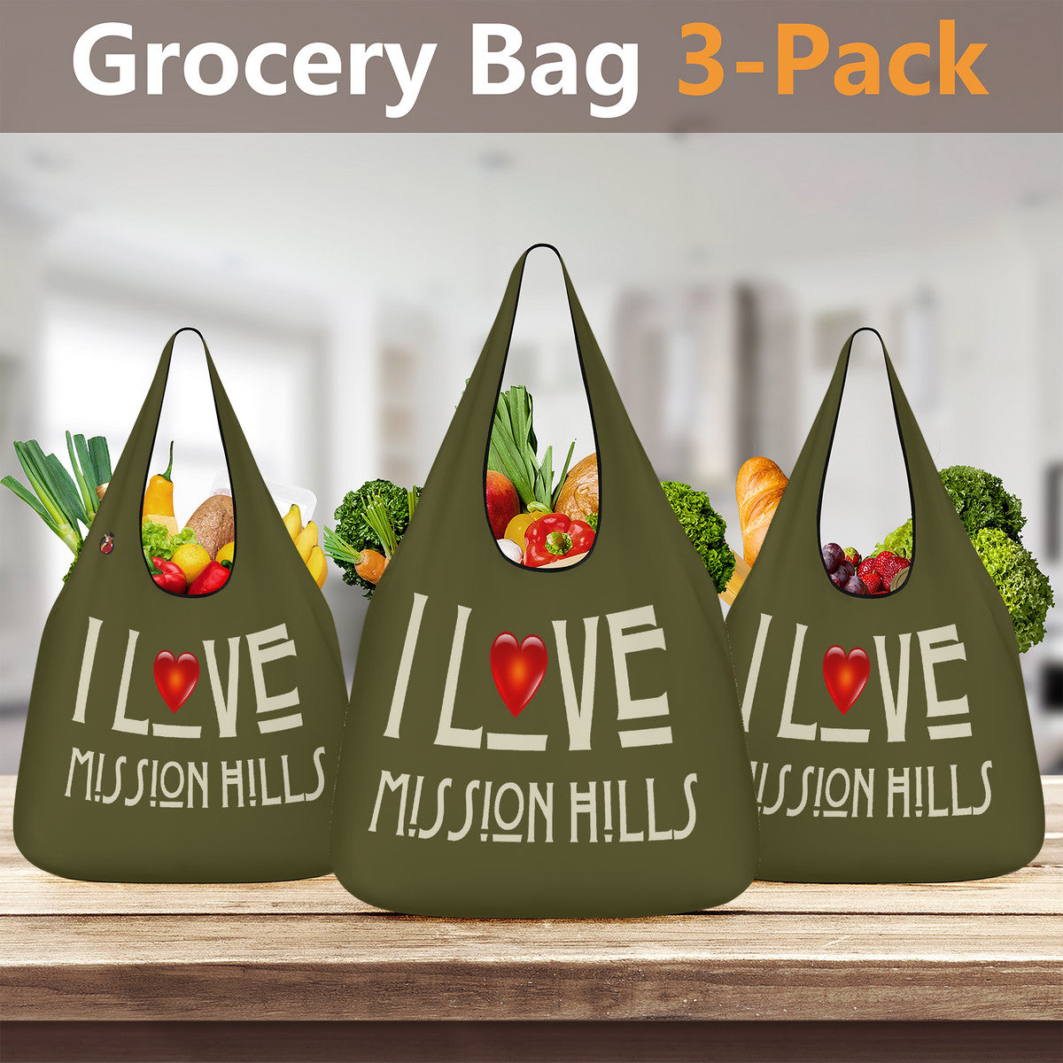 Snooty Fox Art 3 Pcs Grocery Bags - I Love Mission Hills