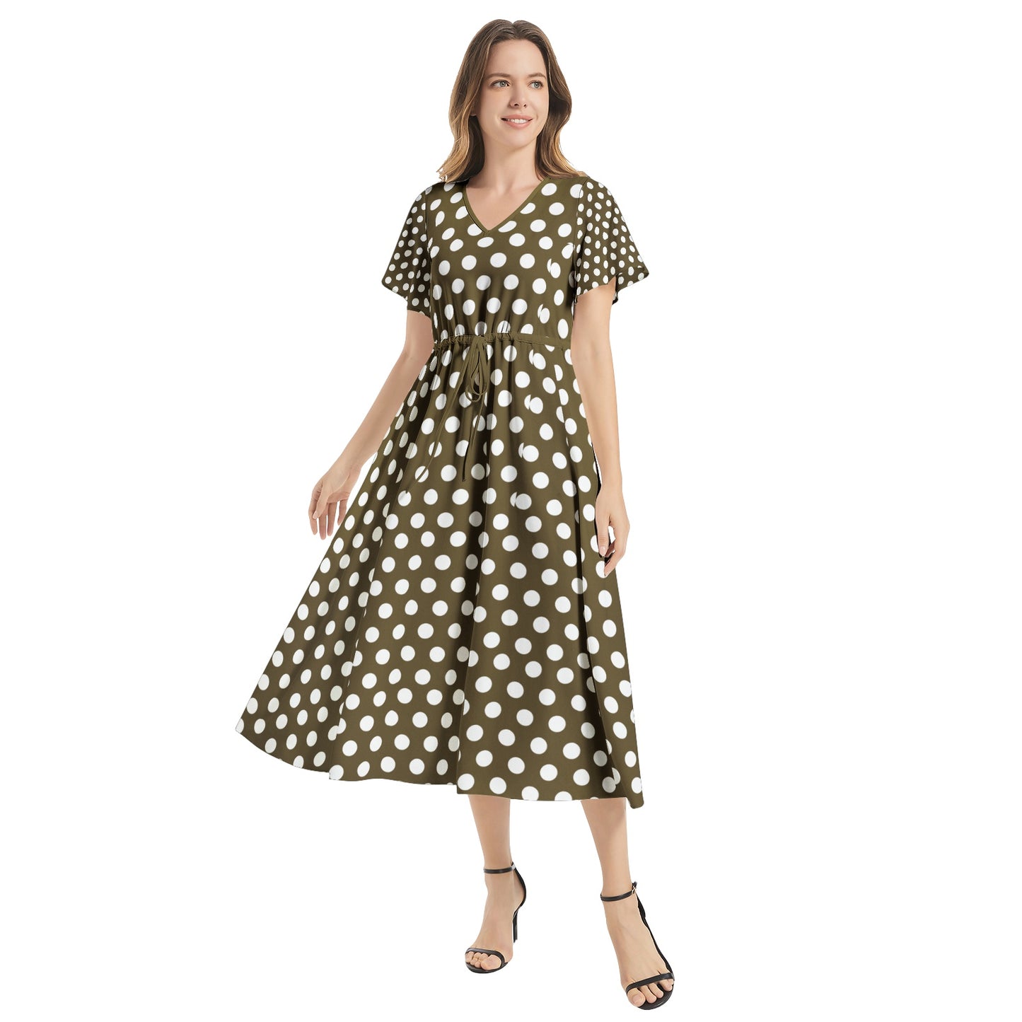Snooty Fox Art Flutter Sleeve Drawstring Waist Flared Dress - Brown White Polka Dot