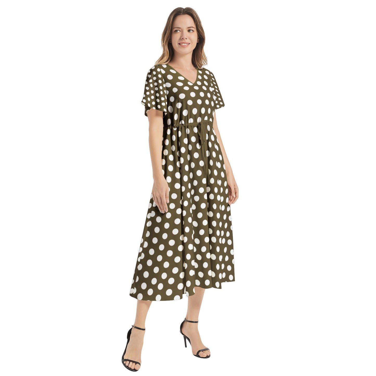 Snooty Fox Art Flutter Sleeve Drawstring Waist Flared Dress - Brown White Polka Dot
