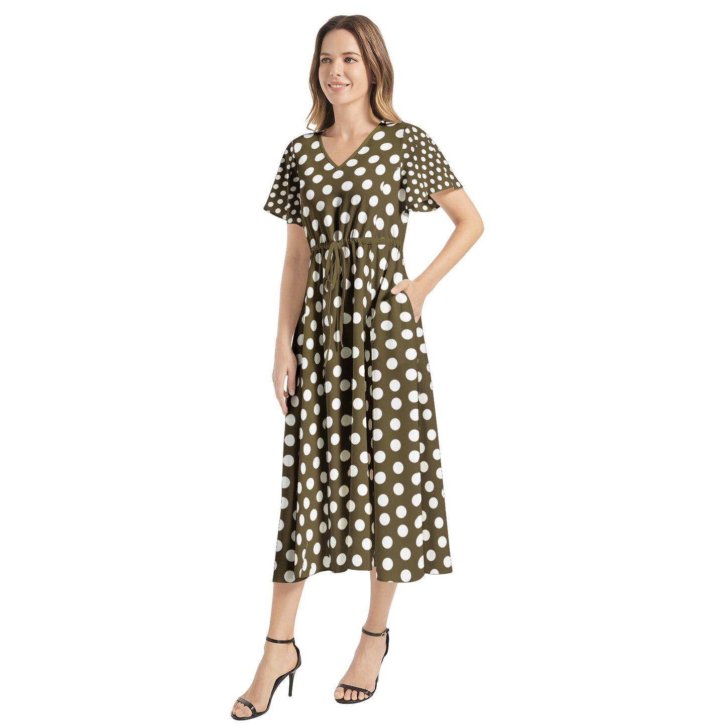 Snooty Fox Art Flutter Sleeve Drawstring Waist Flared Dress - Brown White Polka Dot
