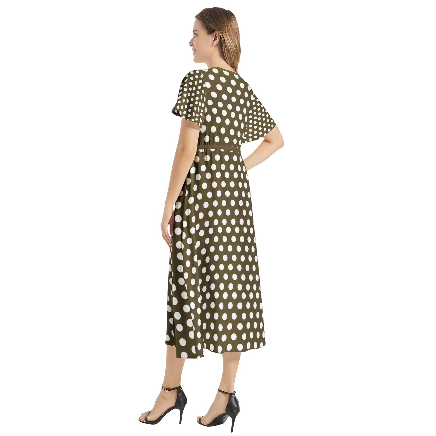 Snooty Fox Art Flutter Sleeve Drawstring Waist Flared Dress - Brown White Polka Dot