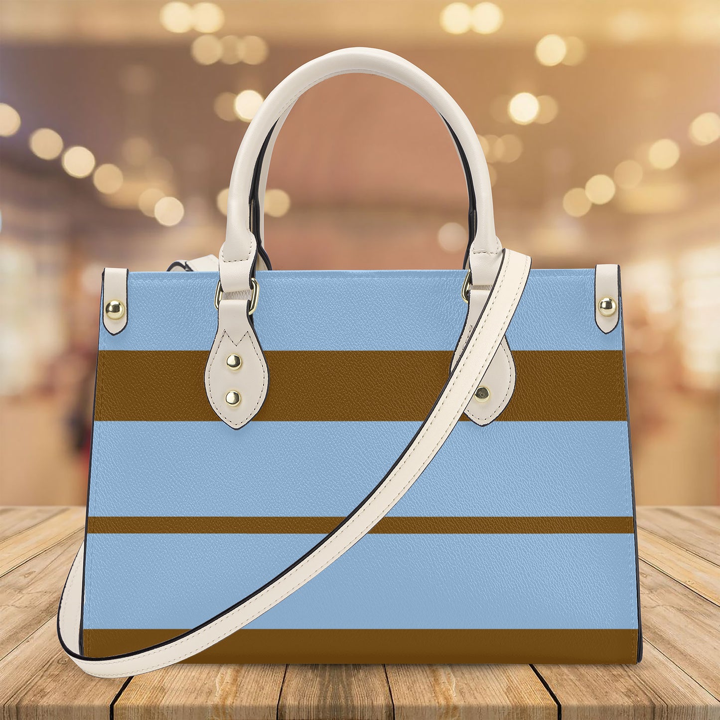 Snooty Fox Art - SF_B3 Luxury Women PU Tote Bag - White baby blue and brown stripes