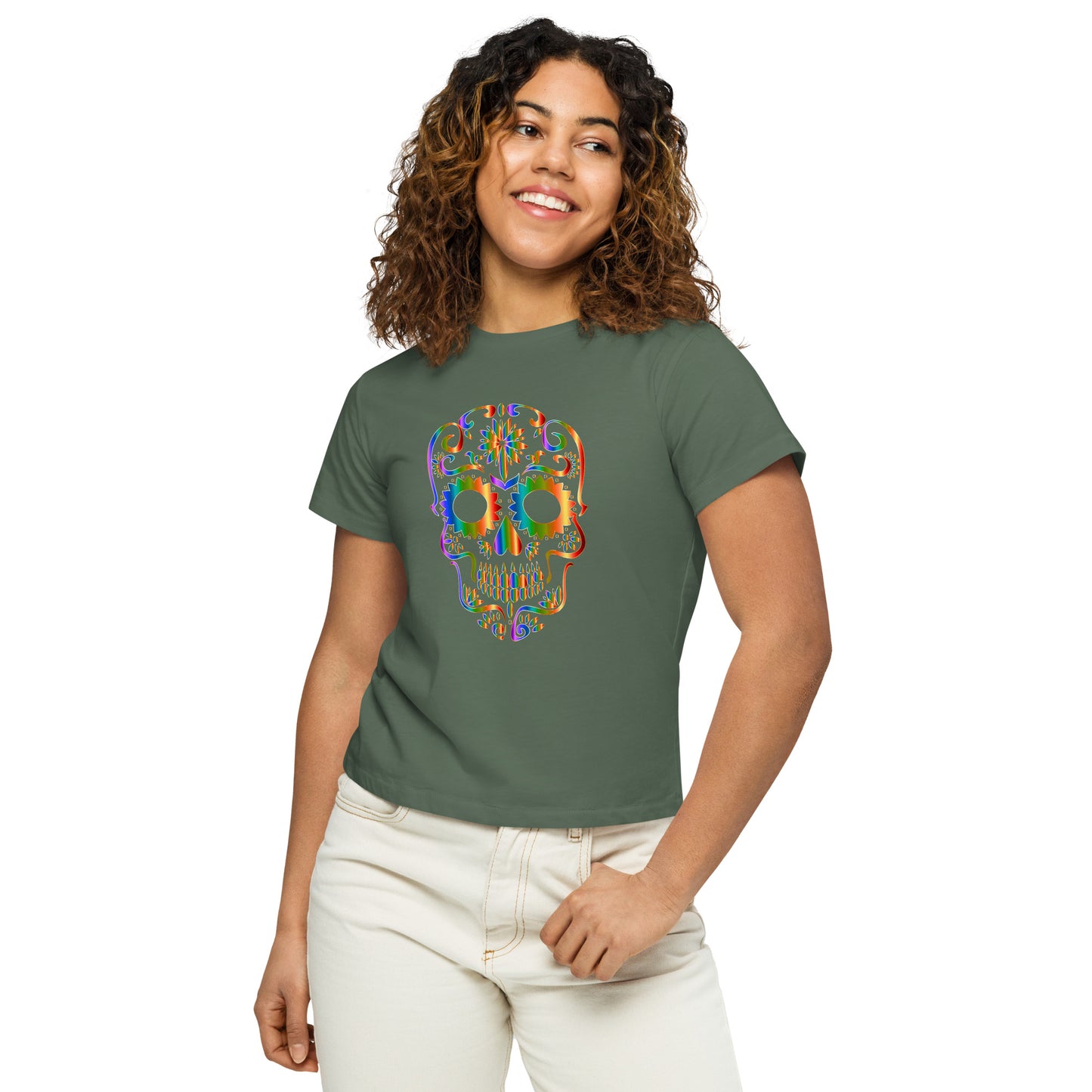Snooty Fox Art Women’s High-Waisted T-shirt - Day of the Dead Skull