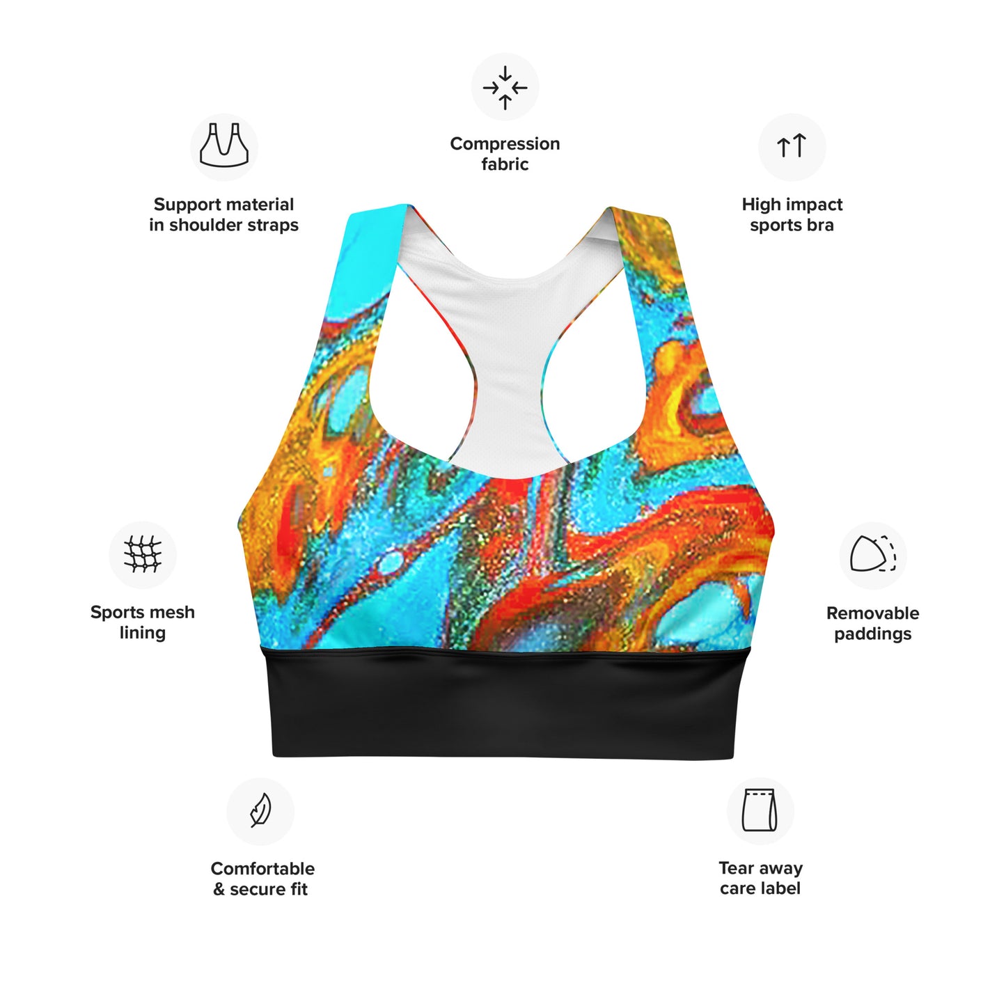 Snooty Fox Art Longline Sports Bra - Romero with Black Stripe