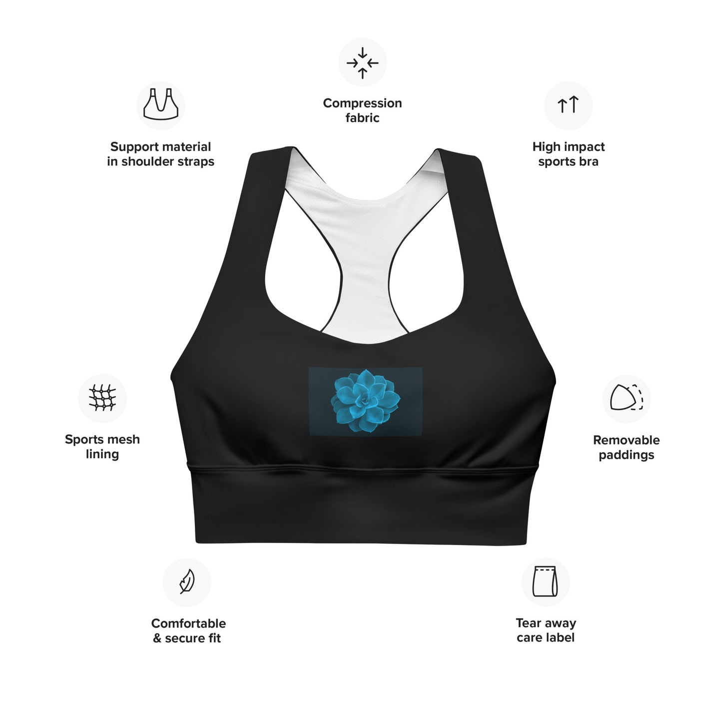 Snooty Fox Art Longline Sports Bra - Blue Aeonium