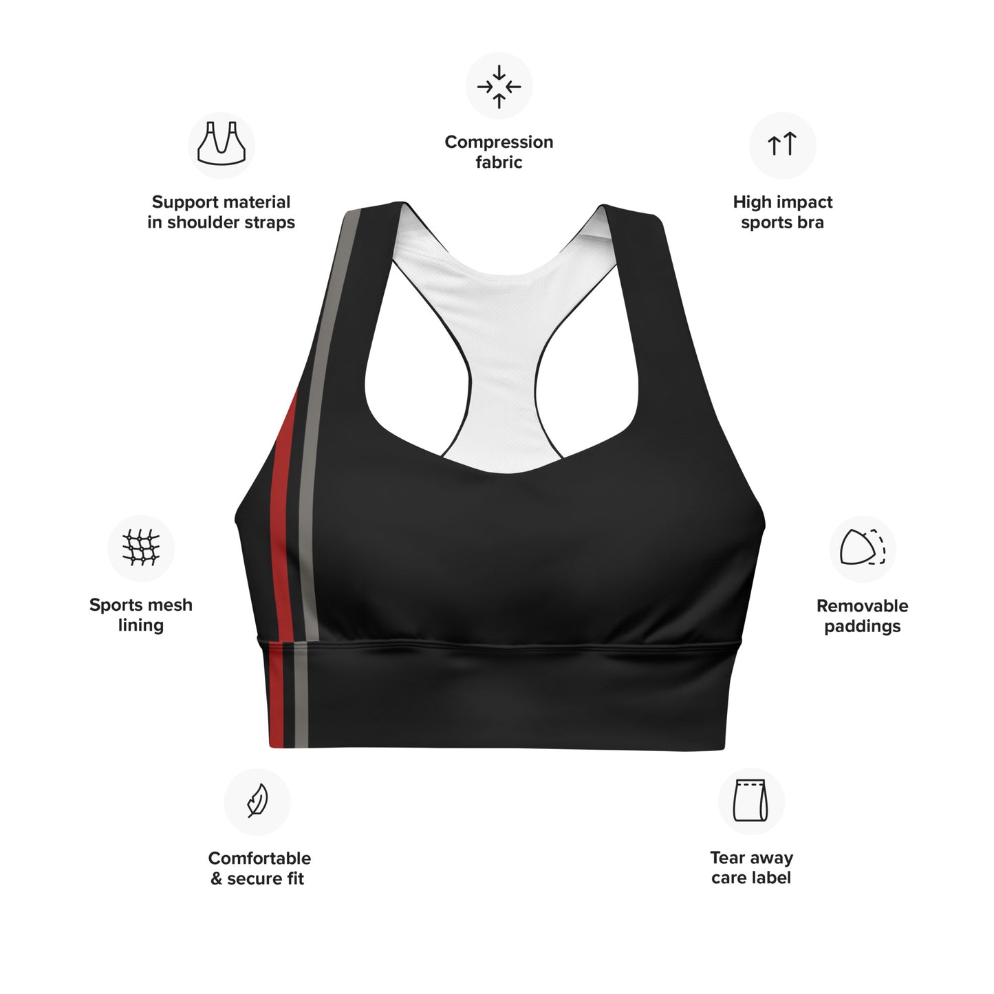 Snooty Fox Art Longline Sports Bra - Red & Gray Stripes