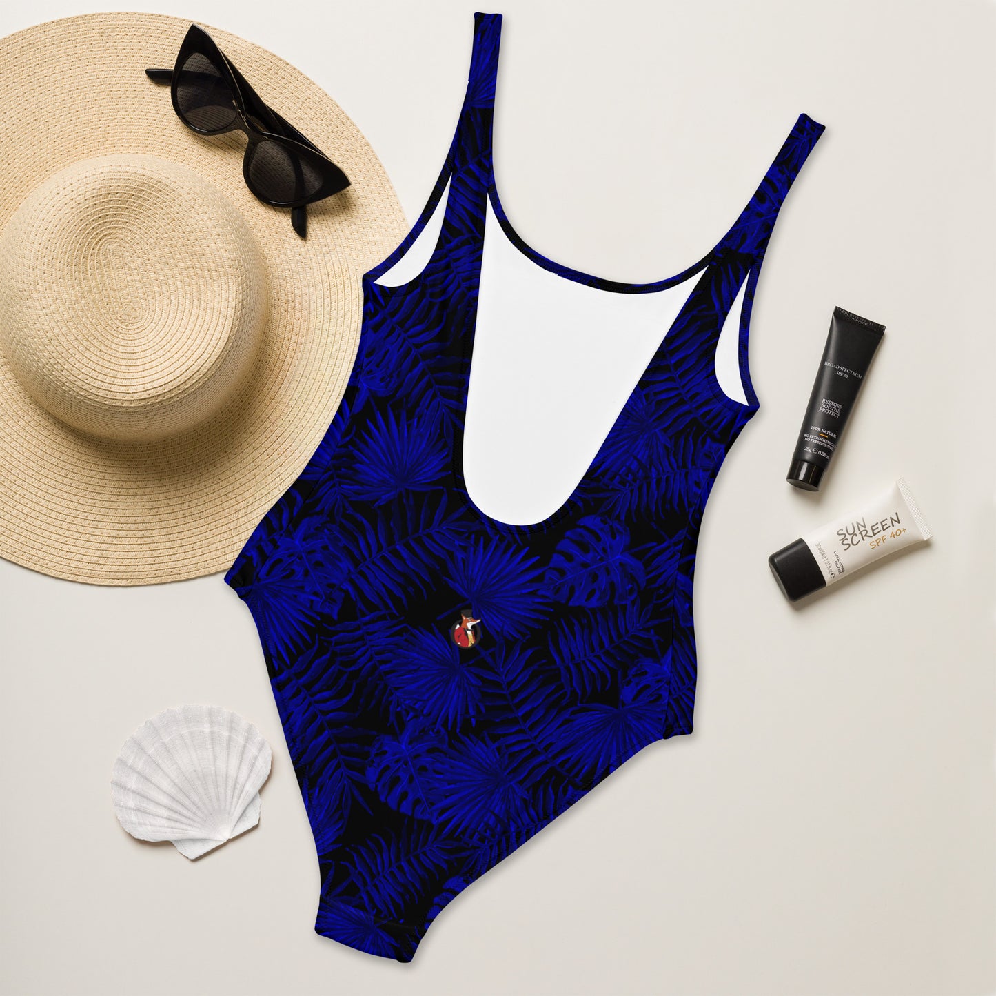 Snooty Fox Art One-Piece Swimsuit - Dark Blue Palm Pattern