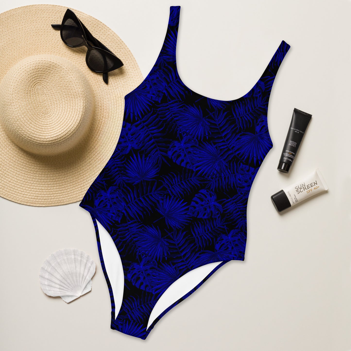 Snooty Fox Art One-Piece Swimsuit - Dark Blue Palm Pattern