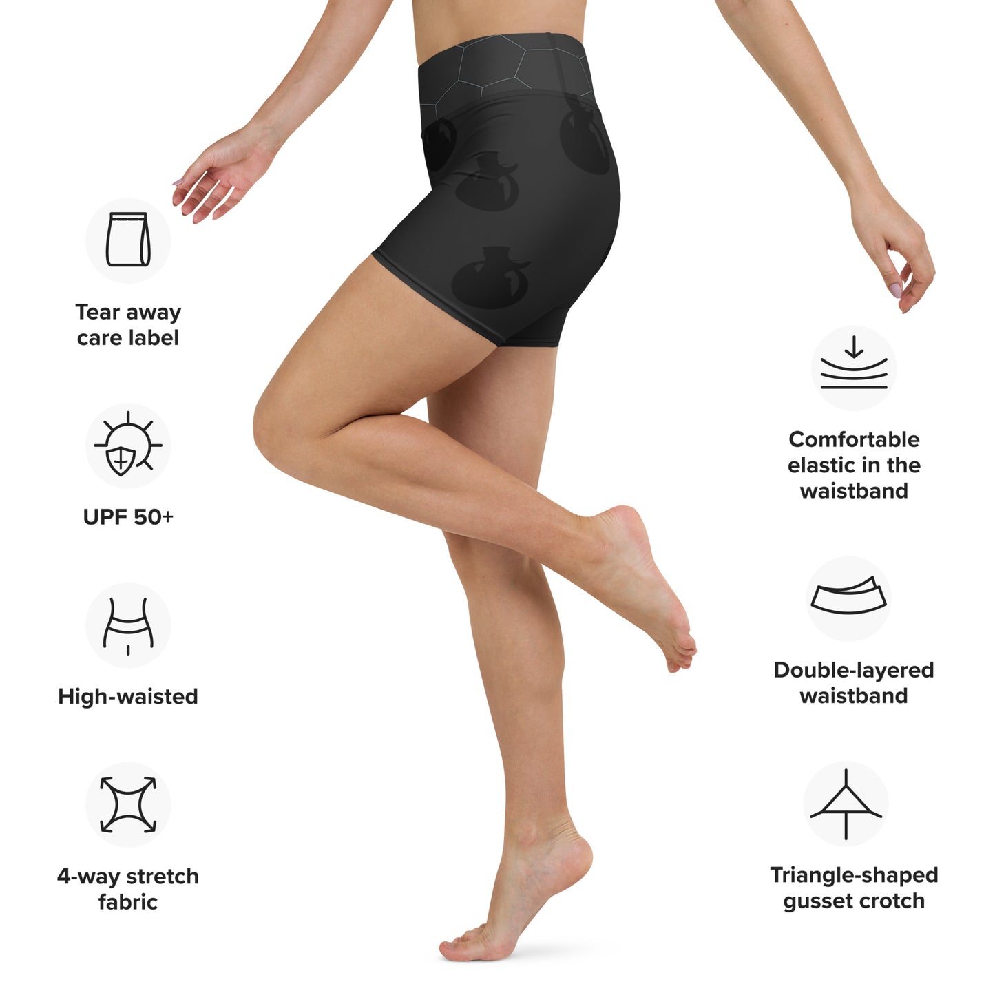 Snooty Fox Art Yoga Shorts - Hex waist, Black Logo