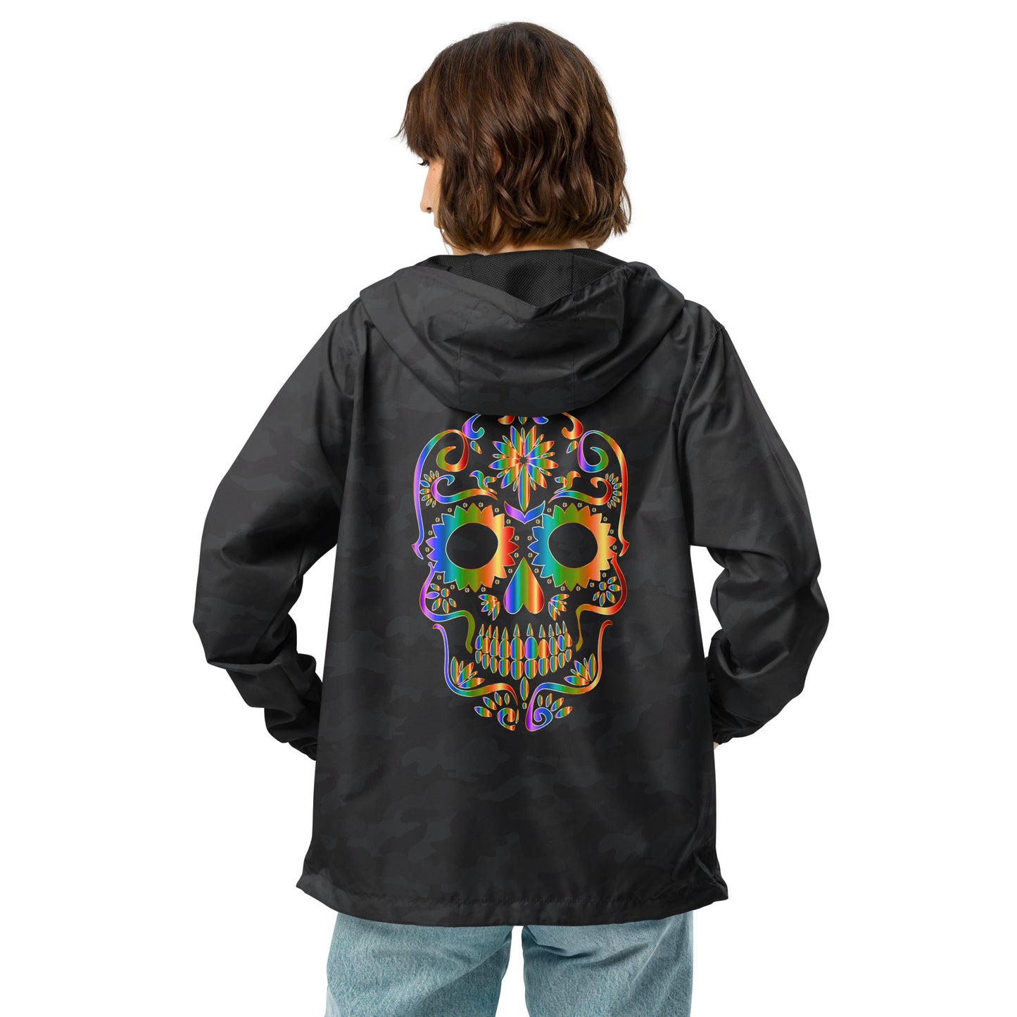 Snooty Fox Art Unisex Lightweight Zip Up Windbreaker - Day of the Dead Skull