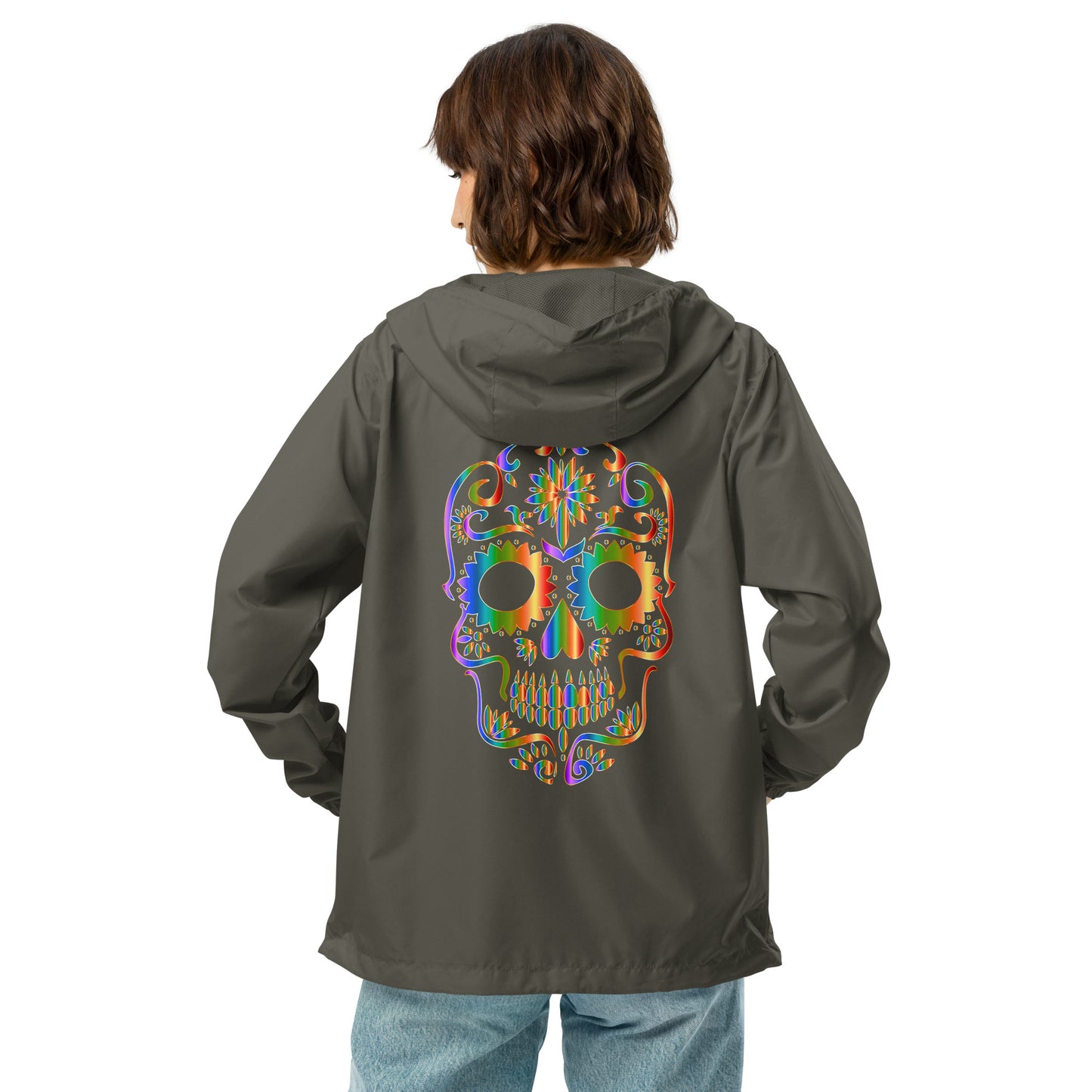 Snooty Fox Art Unisex Lightweight Zip Up Windbreaker - Day of the Dead Skull