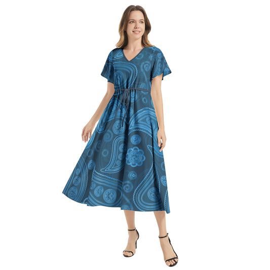 Snooty Fox Art Flutter Sleeve Drawstring Waist Flared Dress - Blue Paisley