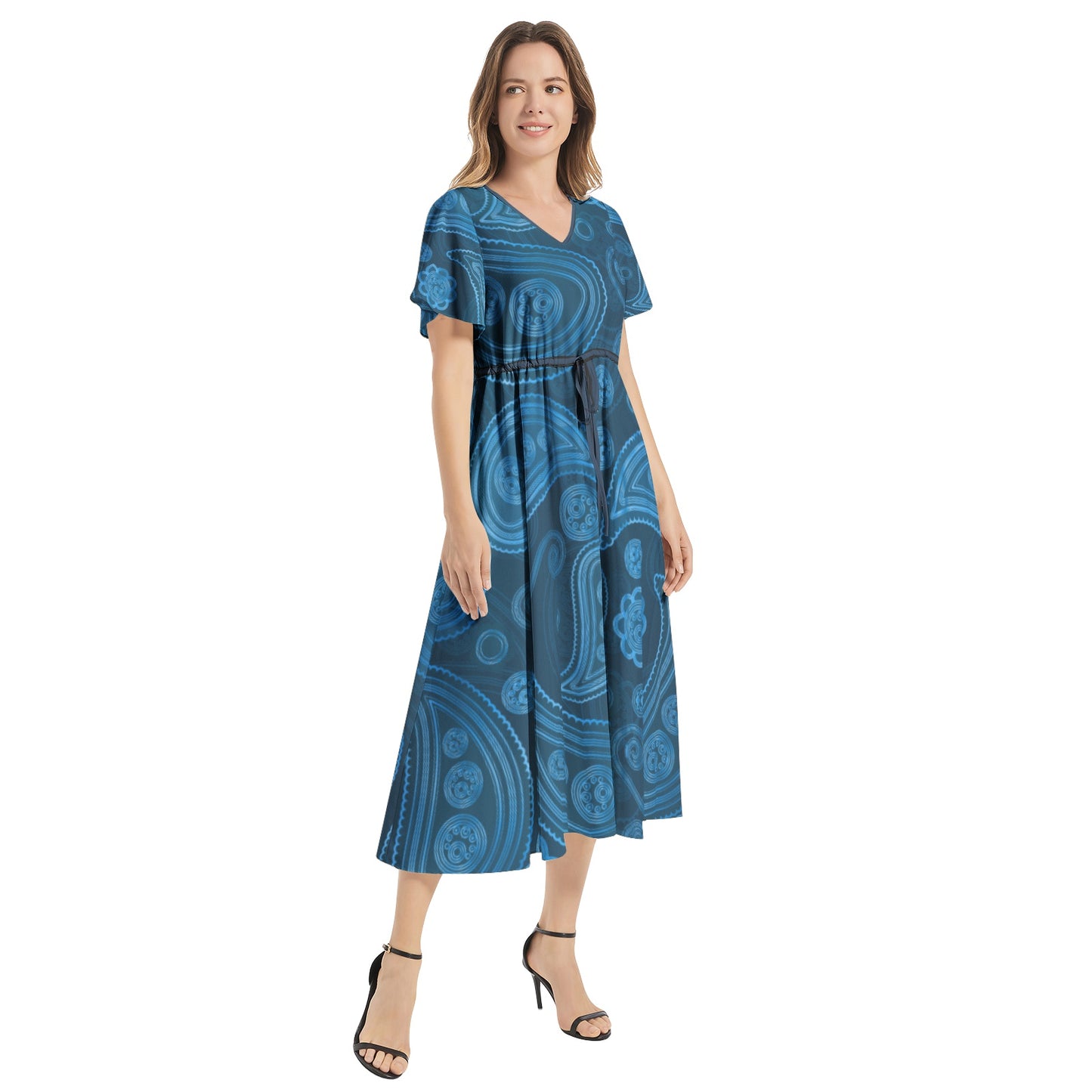 Snooty Fox Art Flutter Sleeve Drawstring Waist Flared Dress - Blue Paisley