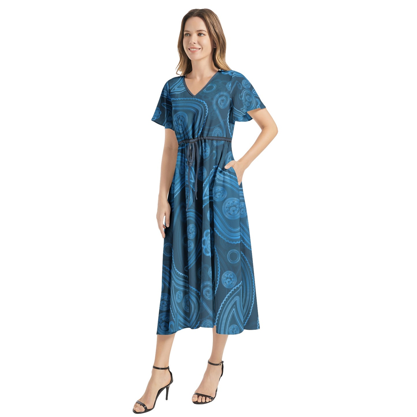 Snooty Fox Art Flutter Sleeve Drawstring Waist Flared Dress - Blue Paisley