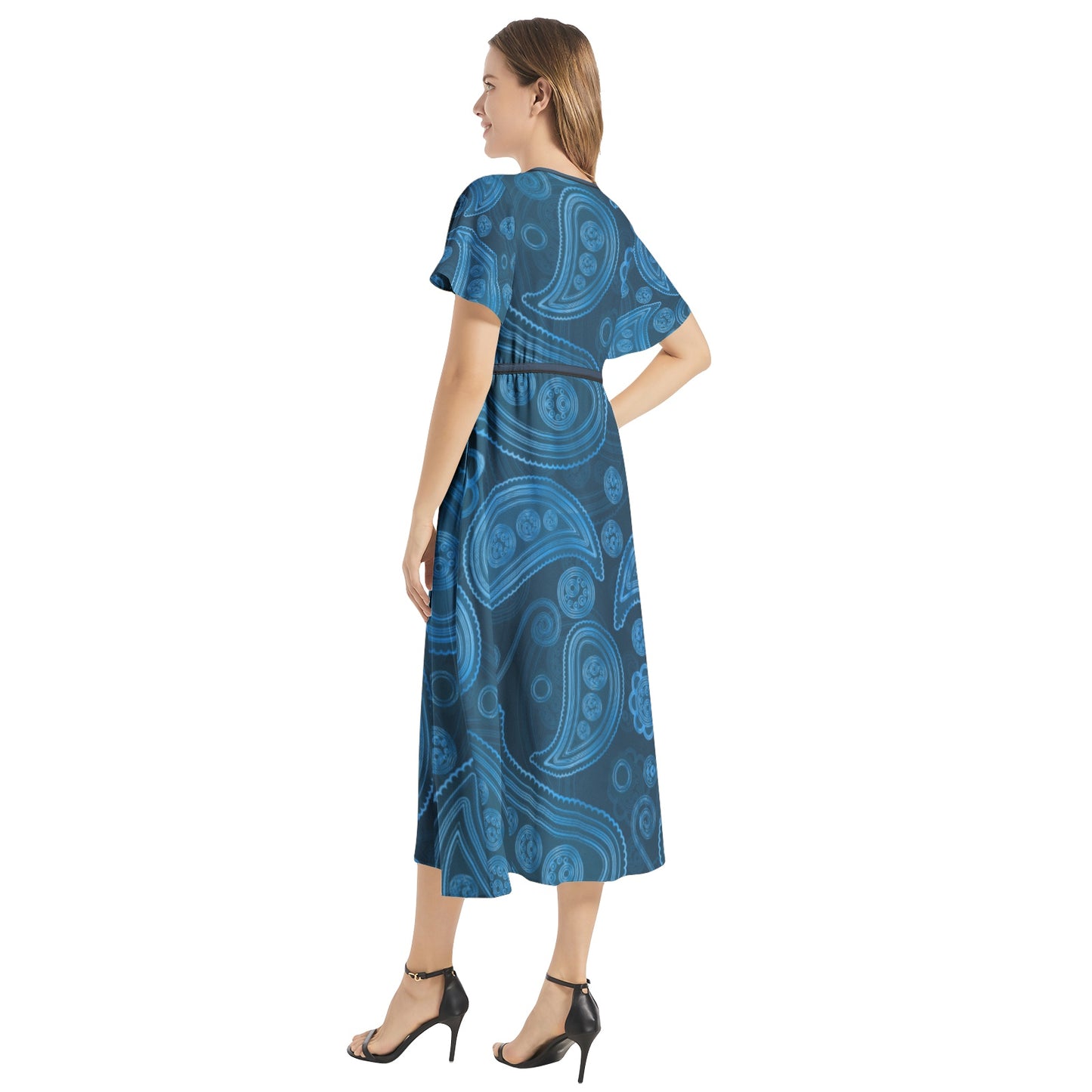 Snooty Fox Art Flutter Sleeve Drawstring Waist Flared Dress - Blue Paisley