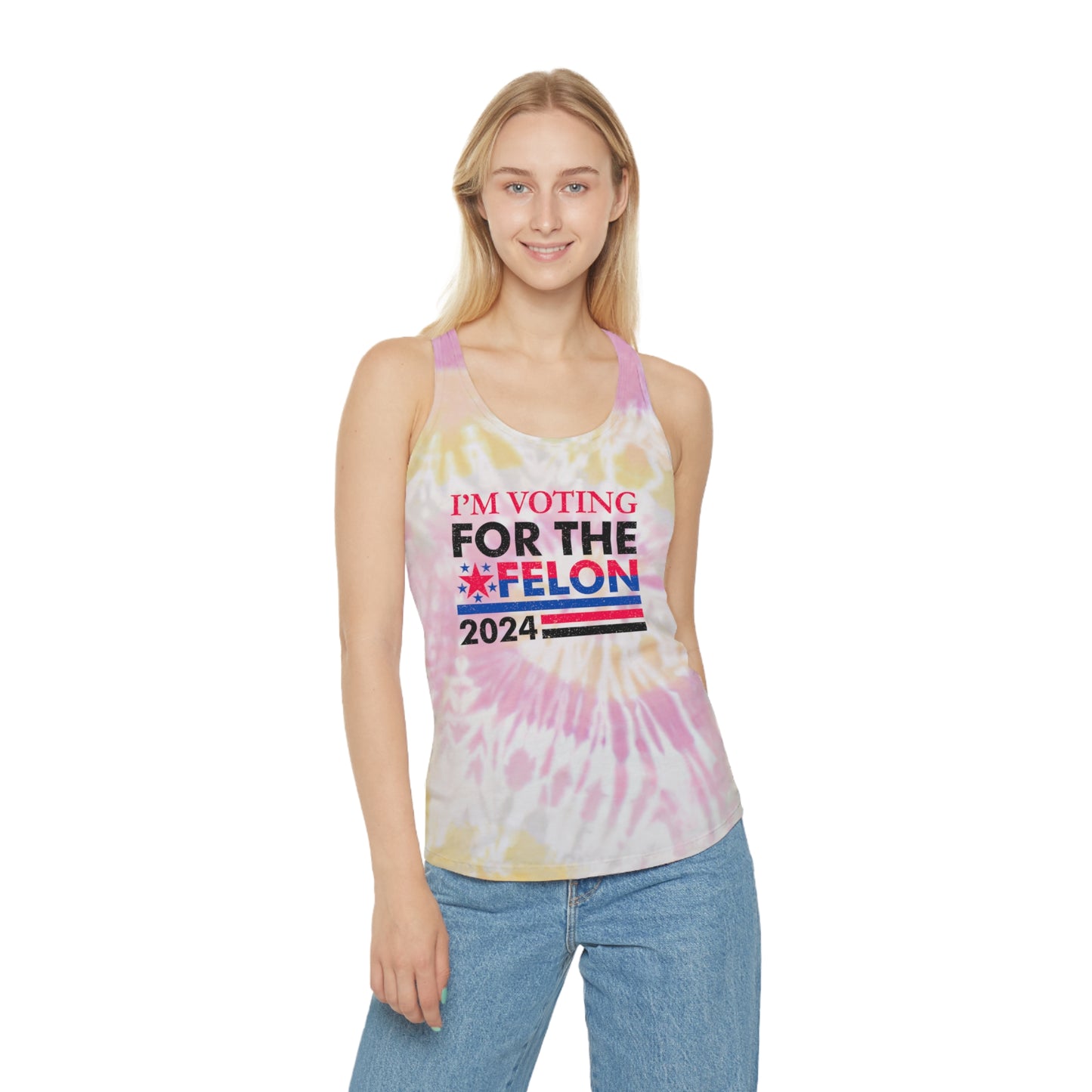 Snooty Fox Art Tie Dye Racerback Tank Top - I'm Voting for the Felon