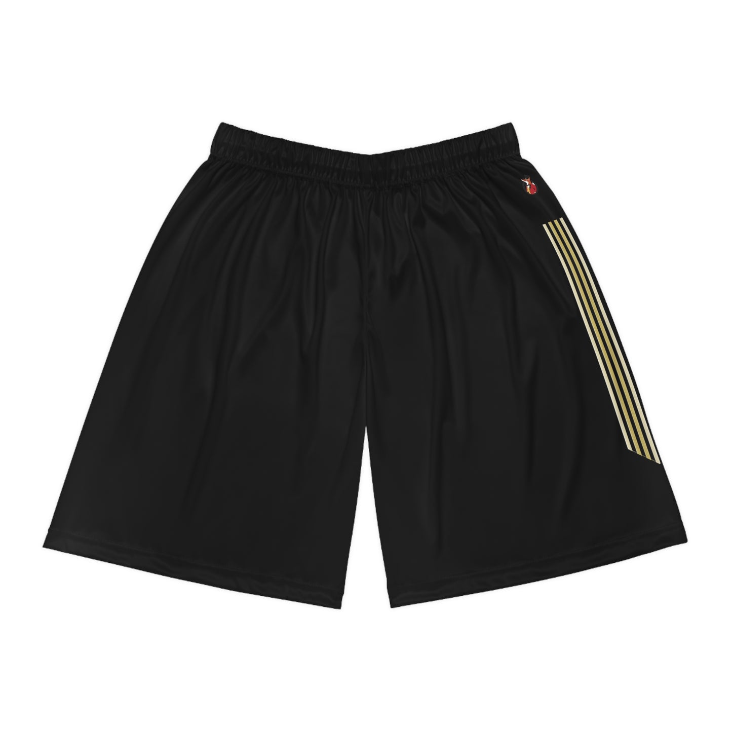 Snooty Fox Art Unisex Basketball Shorts (AOP) - Black with Gold Stripes