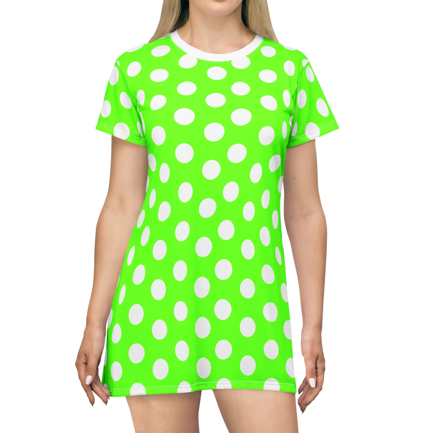 Snooty Fox Art T-Shirt Dress (AOP) - Green with White Polka Dots