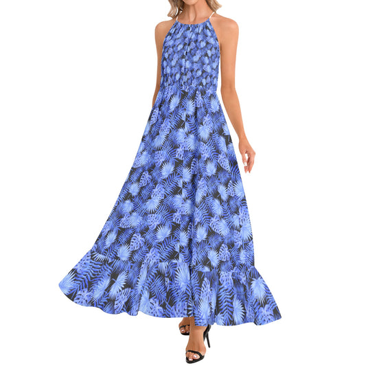 Snooty Fox Art Ruffle Hem Halter Neck Maxi Dress - Blue Palm Leaf Design